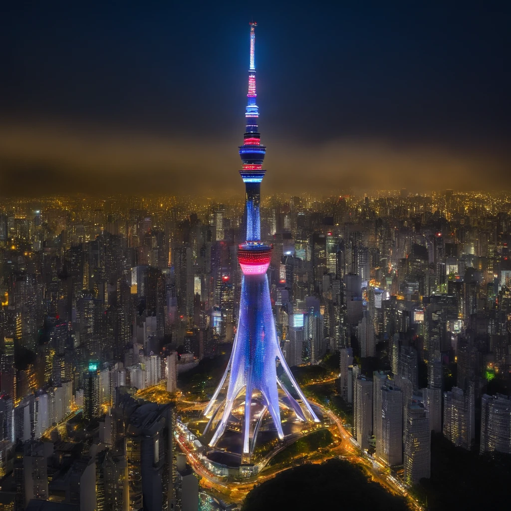 (best quality, Alto, Realistic:1.37), Tokyo Sky Tree, bela torre detalhada, cores vibrantes, altura impressionante, vista deslumbrante do horizonte, Arquitetura moderna, Iconic landmark, paisagem urbana movimentada, Dynamic city lights, atmosfera urbana, bustling crowds, Panoramic view of the city, movimentadas ruas da cidade, Futuristic Design, Engenharia de ponta, steel and glass construction, Elegante e elegante, Magnificent observation deck, panoramic elevators, breathtaking aerial view, stunning night lighting, vida vibrante da cidade, Bustling metropolis, sons movimentados da cidade, technological marvel, architectural masterpiece, symbol of Tokyo, Hub Cultural, tourist attraction, Skyline Moderno, Cidade das Luzes, contemporary landmark, extraordinary panorama, observation point in high sky, horizonte noturno deslumbrante, urban icon, architectural excellence, engenharia maravilha, highrise, beleza da paisagem urbana, marco da cidade, architectural wonder, Unmistakable silhouette.