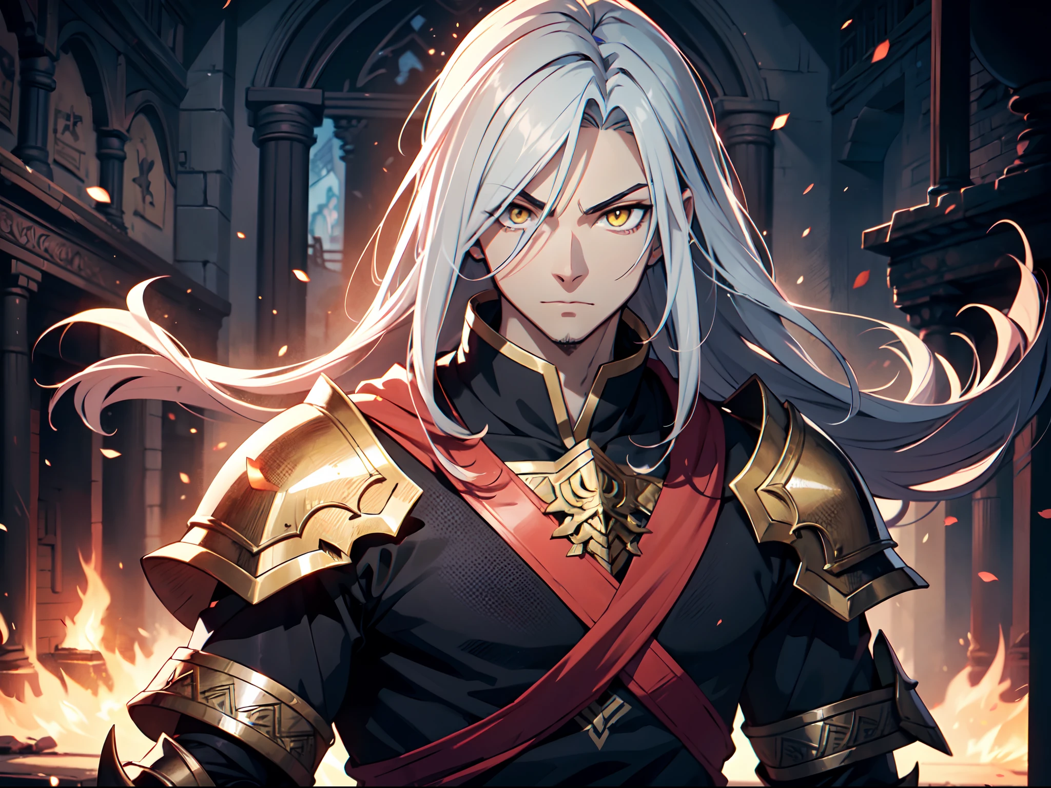 1 boy, Xin from Kingdom anime, armored with warlord armor with a cape, ultra high definition, 8k, handsome,black and yellow pupil eyes, long white hair, ancient kingdom background