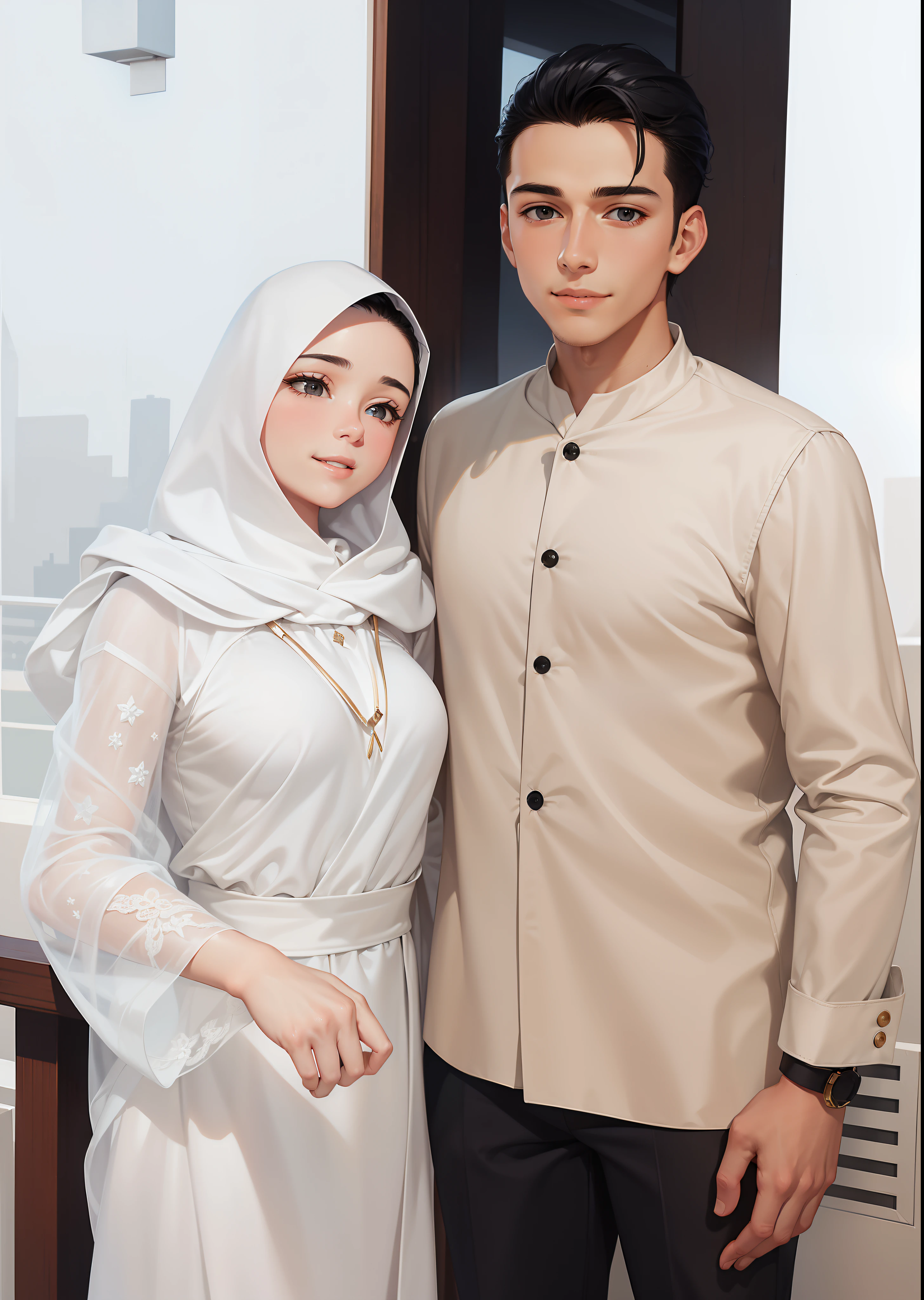 Attractive profile picture, masterpiece, ultra-precise rendering, beautiful and cool young man, trustworthy, dependable young man, savior of the world, simple design, most beautiful image, 4K, black hair, (muslin girl, white hooded, hooded girl, white dress, smiling), arabian face