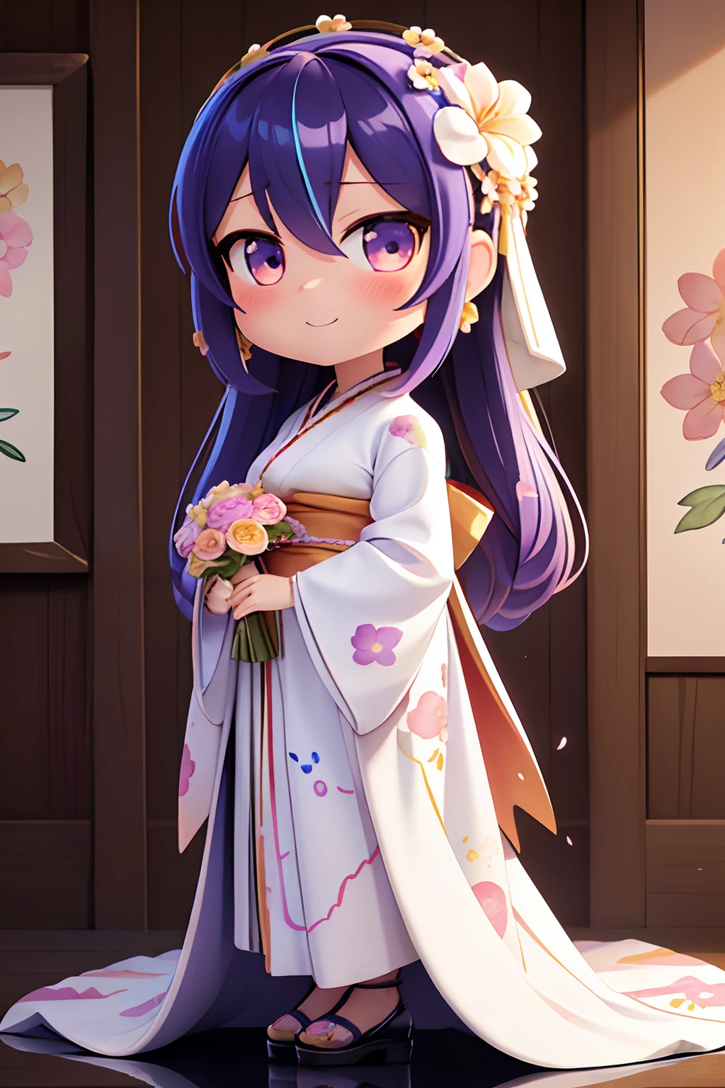 photoRealstic、Nedroid in wedding dress arranged in kimono standing in front of the painting、watercolor Nendoroid、(High Definition Figure)、Flowing iridescent silk、up of face、Eye Up、Colorcon with heart pattern、Floral dress、There are also flowers in front of the nendroids、flower petals、season!!: 夏天☀ 🍂