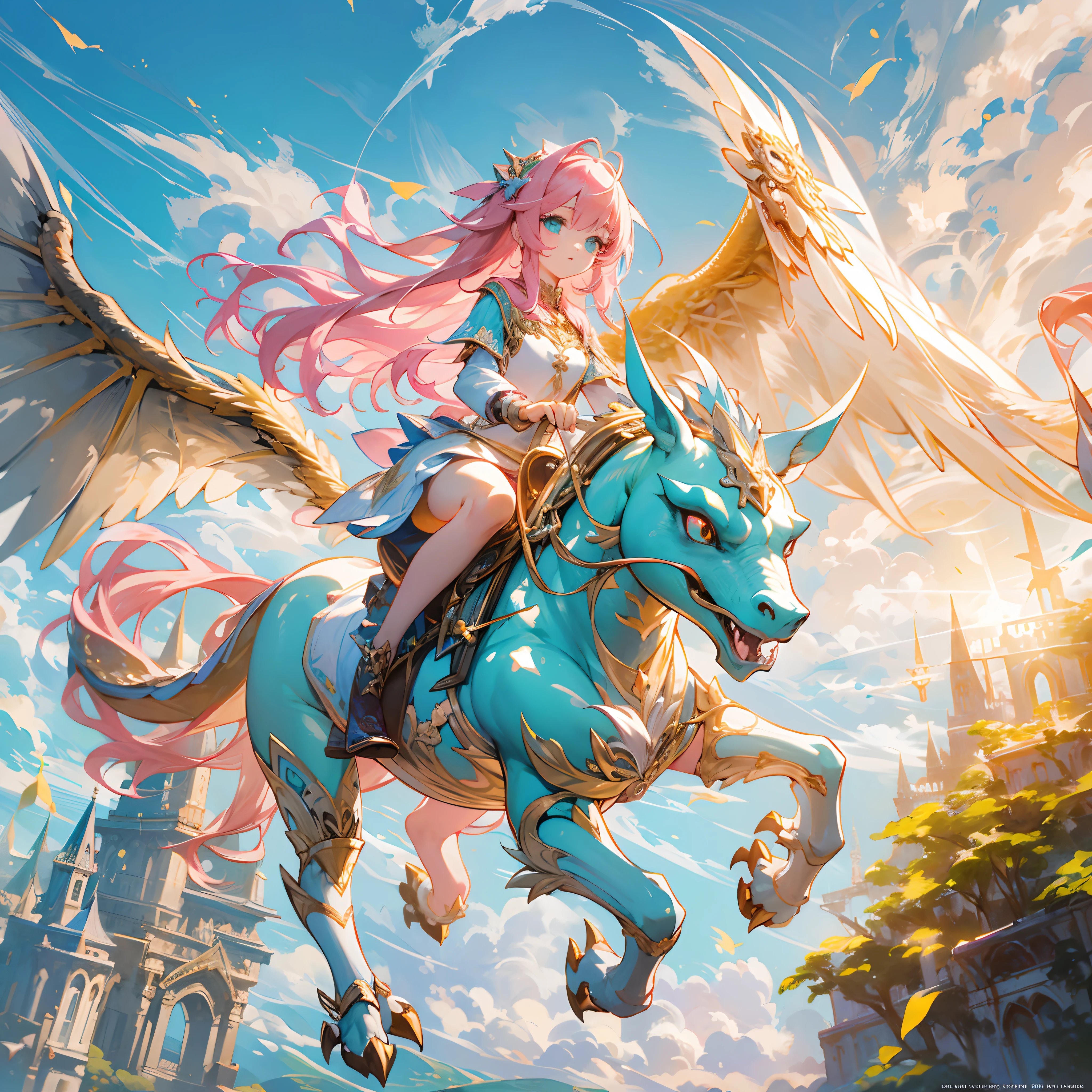 Japanimation, eroge, Incredibly hyper-detailed and intricately realistic, Perfect, Cover art, zoomout, hyper detailed painting, luminism, with an intricate, 4k resolution concept art portrait, extremely high level illustration, 16k, extremely high level illustration, absurd resolution, absurd detailed, soft and warm lighting, (((masterpiece))), best quality, extremely detailed, fantasy lighting, beautiful detailed glow, perspective, depth of field, proportion, blurry background, bokeh, sharp focus, depth and dimension, Fantasy scene, Fantasy composition, Fantasy lighting, an extremely beautiful detailed Sky Garden, Beautiful, beautiful detail girls, full body character, Beautiful, Female, Long Pink Hair, Azure  eyes, Detailed face, White skin, The girl is putting her weight on one leg, Pegasus, Dragon, gryphon, lily, sky, magic, floating construction, riding