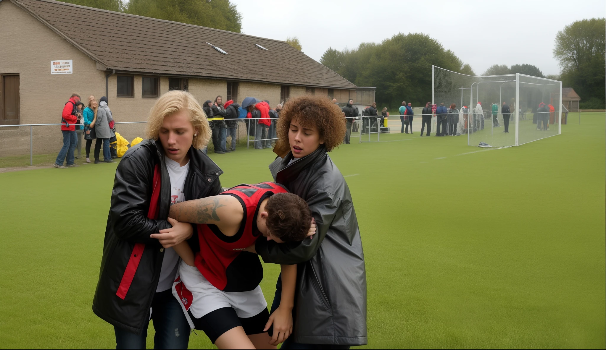 a sportsman in short and rough sportswear is collapsing into the girls' arms, a longhaired blond girl, a longhaired redhaired girl, a longhaired blond girl and a longhaired redhaired girl are holding together the fainting sportsman in their arms, a shorthaired sportsman in matte sportswear is collapsing with pain, he is fainting, two girls are holding him up, he is hanging in the girls' arms, girl in a laquered puffy coat, girl in a laquered downcoat, they are standing very close together, his arms are dangling, arm-in-arm, she is wearing shiny leather pants, she is grabbing his body, a shorthaired man in a matte tanktop and rough jeans, a shorthaired blond man in rough jeans, a girl in shiny leather pants, a shorthaired blond man in a matte tanktop, a girl with a very desperate facial expression, a girl in a high shine black down-coat, they are standing arm-in-arm, there is an attractive woman wearing a high-shine down-coat, a wetlook puffer-coat, a man is crying with sorrow, a woman is holding an injured shorthaired boy, there is a boy in rough jeans and a matte tanktop hugging a girl that is wearing a very shiny padded laquered coat, a shorthaired blond boy has a painful face and cannot walk, there is a girl giving support to an injured shorthaired boy, a wounded blond and shorthaired boy cannot walk and has to be supported by a girl, he is sinking into the girls' arms, a sad looking girl is carrying a wounded boy, masterpiece, jeans, boy in a matte cotton tanktop, super detailed background, detailed face, crying out, tears, desperation, pain, agony, accident pose, dramatic suffering pose, hands detailed hands, fingers:5, they are walking in the street together in the rain