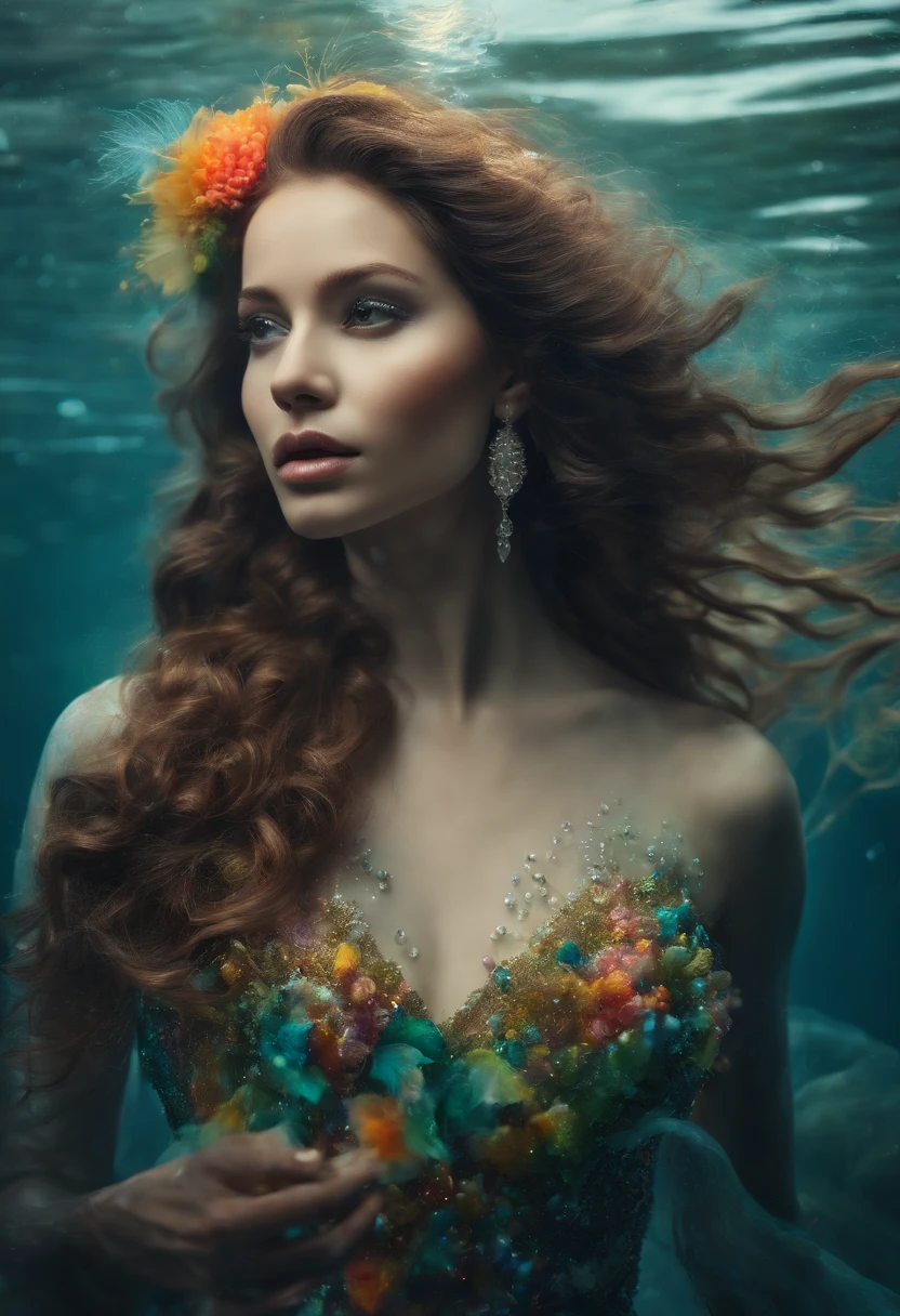 fantasy mermaid creature clothing made with marine floral nature that mimic shells, scales skin, algae details with different types of shells on body, (mermaid:1.1), top shell turquoise brassiere, waist length portrait, collar bones with skin yellow scales, posing, blonde hair, very long wavy hair, very thick hair, many freckles on the face, skinny body, (many freckles on the face), half body under the water on sea, seducing with a glace, dark around the eyes, gray eyes, half face in shadow, wet body, wet hair, pale skin color, mainly cloudy, fog, photorealistic eyes, detail face, detail backgrounds little blur, reflection from wet, not much light on models, light gold lights, correct shadows, HDR, Ultra 4K, photo realistic, professional photo, modelshoot.