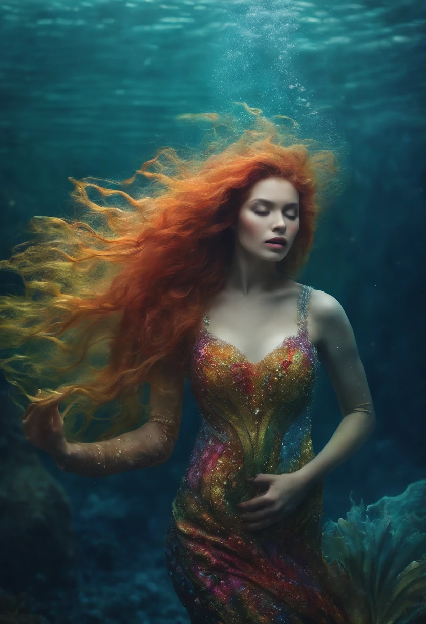 Rainbow Mermaid,fantastic creature (sereia:1.1),underwater setting,nas profundezas do oceano,belos olhos detalhados,cara bonito,beautiful detailed lips,Sparkling scales,cabelos coloridos e fluidos,Cauda de peixe fina,magical underwater lighting,atmosfera calma e serena,Pacific underwater kingdom,fantastic atmosphere,Algas flutuantes e corais,fascinante vida marinha,cores vivas e brilhantes,Natural sunlight filtered through water,Colorful rainbow jellyfish dance around,Criaturas marinhas brincalhonas e gentis,Ethereal and captivating presence,Aura misteriosa e misteriosa.