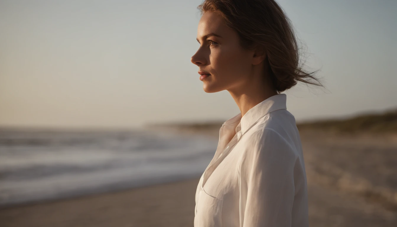sea side,Girl taking a walk,（((White button up long shirt))）、Film Portrait Photography、One girl、bare shoulders​、bob cut  hair,Calm、full body Esbian、(Realistic detailed eyes、natural skin textures、Realistic face details)、Soft dramatic lighting、depth of fields、vibrant detail、detaile、A hyper-realistic,light and shadows,strong lights,thin lipss