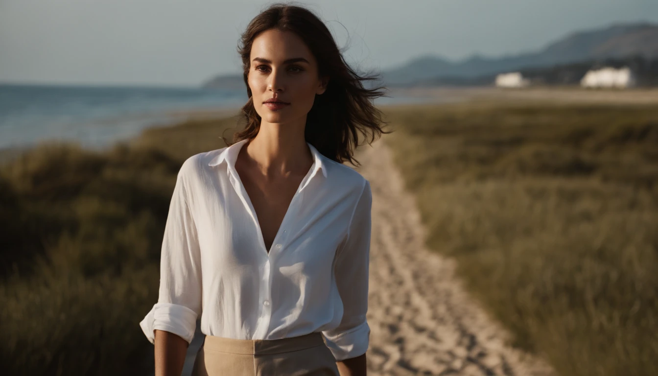 sea side,Girl taking a walk,（((White button up long shirt))）、Film Portrait Photography、One girl、bare shoulders​、bob cut  hair,Calm、full body Esbian、(Realistic detailed eyes、natural skin textures、Realistic face details)、Soft dramatic lighting、depth of fields、vibrant detail、detaile、A hyper-realistic,light and shadows,strong lights,thin lipss