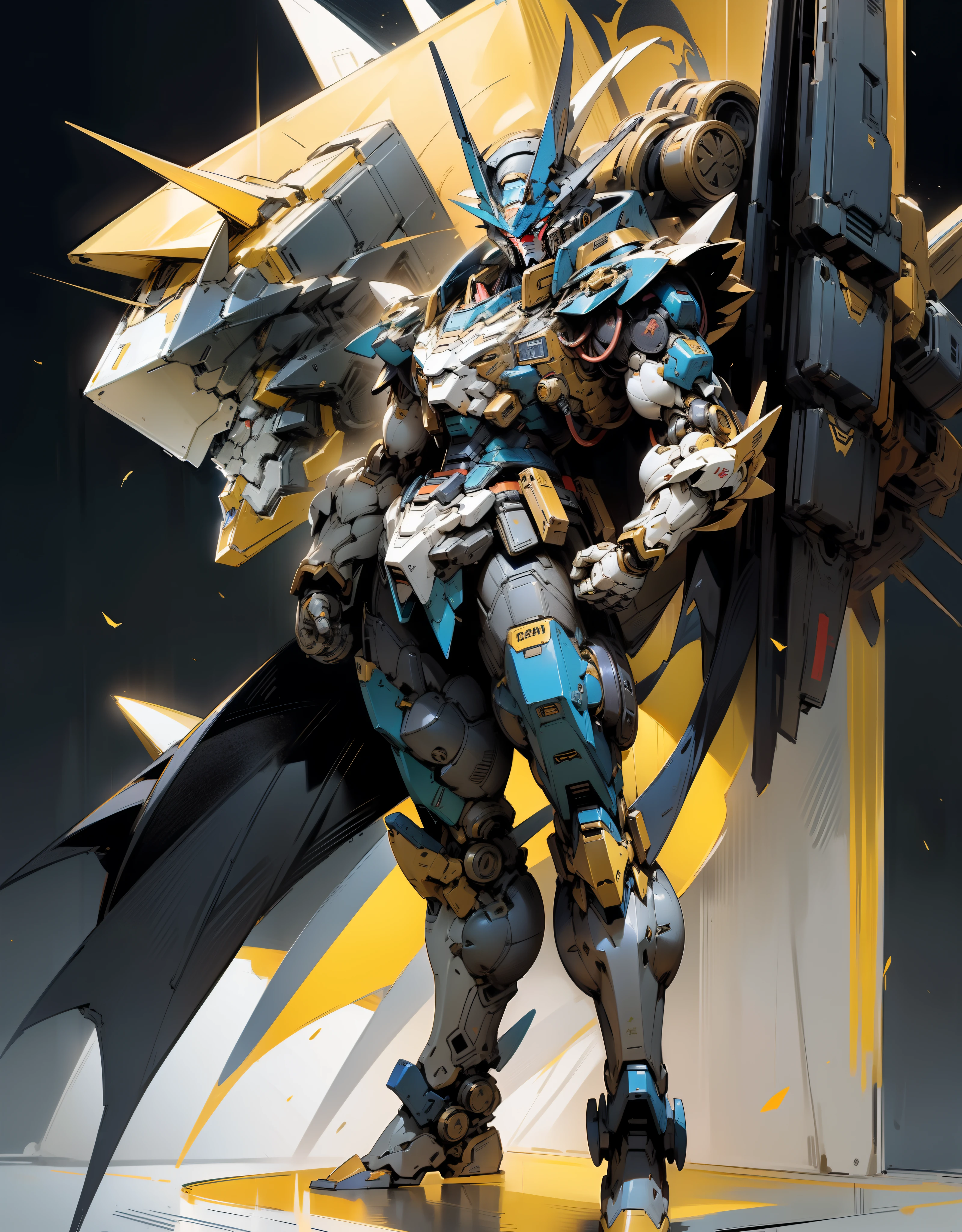 Heavy duty Gundam of batman, ((full body)) batman element, gundam shape style, bulky, mechanical, muscular, blue and gold color, samurai armor, stylish armor design