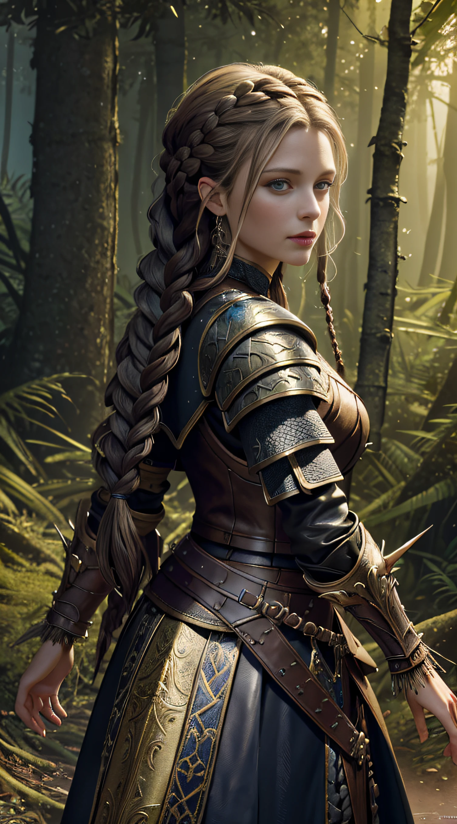 Fantasy shaman,Beautiful French woman,Keep your hair in braids,Wear lavishly decorated leather armor,photoreal render,dungeons and dragons,fanciful,rendering by octane,zbrush。character design,realisticlying,unreal-engine,ultra - detailed,concept-art,trends in art station。 ((best quality)), ((masterpiece)), ((realistic)), (detailed), close up portrait, full-body portraits, hazel eyes, wearing leather armor, highly detailed skin and hair, looking at the viewer, Fantasy art,stunning gradient colors,No watermark signature,Closed mouth,detailed back ground,dense jungle,Closed mouth,extremely detaile,((tmasterpiece)),absurderes,HDR。