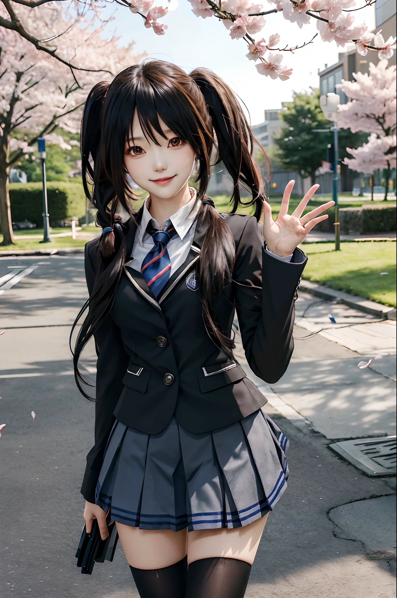 masterpiece, best quality, highres, 1girl, bbkurumi, long hair, hair over one eye, low twintails, school uniform, black jacket, pleated skirt, blue skirt, black pantyhose, standing, outdoors, cowboy shot, smile, cherry blossoms, waving,