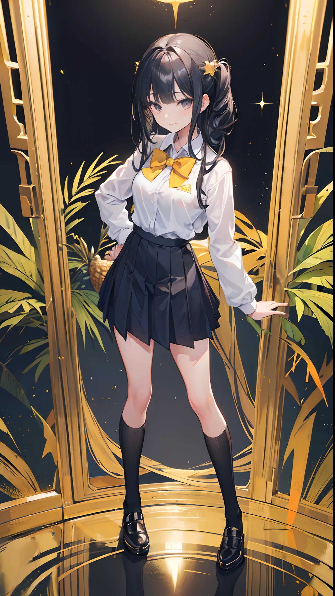 (((full bodyesbian))),((Solo)),(School uniform with gold rim on black background),JK,Girls' high school students,Black hair,Pineapple hairstyle,Black colored eyes,stand posture,ssmile,proud expression