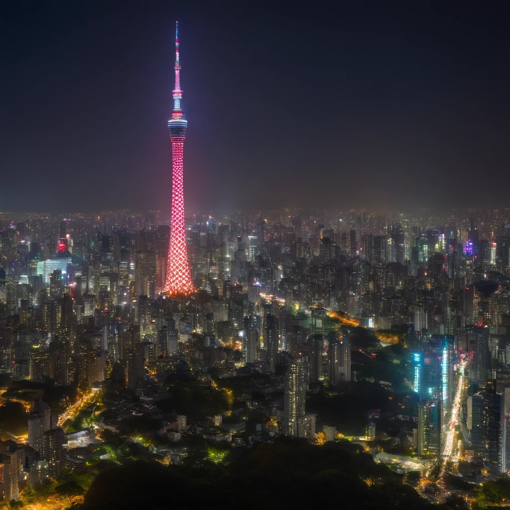 Tokyo Sky Tree, bela torre detalhada, cores vibrantes, altura impressionante, vista deslumbrante do horizonte, Arquitetura moderna, Iconic landmark, paisagem urbana movimentada, Dynamic city lights, atmosfera urbana, bustling crowds, Panoramic view of the city, movimentadas ruas da cidade, Futuristic Design, Engenharia de ponta, steel and glass construction, Elegante e elegante, Magnificent observation deck, panoramic elevators, breathtaking aerial view, stunning night lighting, vida vibrante da cidade, Bustling metropolis, sons movimentados da cidade, technological marvel, architectural masterpiece, symbol of Tokyo, Hub Cultural, tourist attraction, Skyline Moderno, Cidade das Luzes, contemporary landmark, extraordinary panorama, observation point in high sky, horizonte noturno deslumbrante, urban icon, architectural excellence, engenharia maravilha, highrise, beleza da paisagem urbana, marco da cidade, architectural wonder, Unmistakable silhouette.