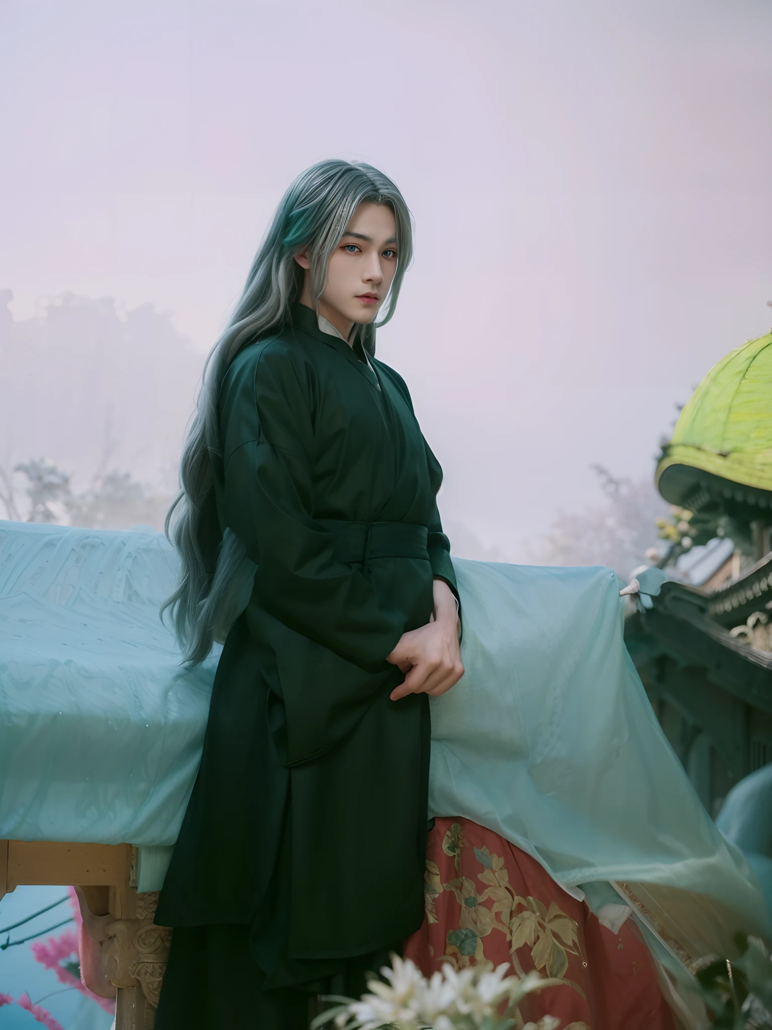 masterpiece, best quality, official art, 8k wallpaper, highly detailed, illustration, ((1 man)), detailed eyes, blue eyes, green gradient hanfu, intricate filigree, dynamic pose, (iridescent colored long hair:1.1), (white hair:1.2), floating hair, east asian architecture, chinese street, scenery, morning,