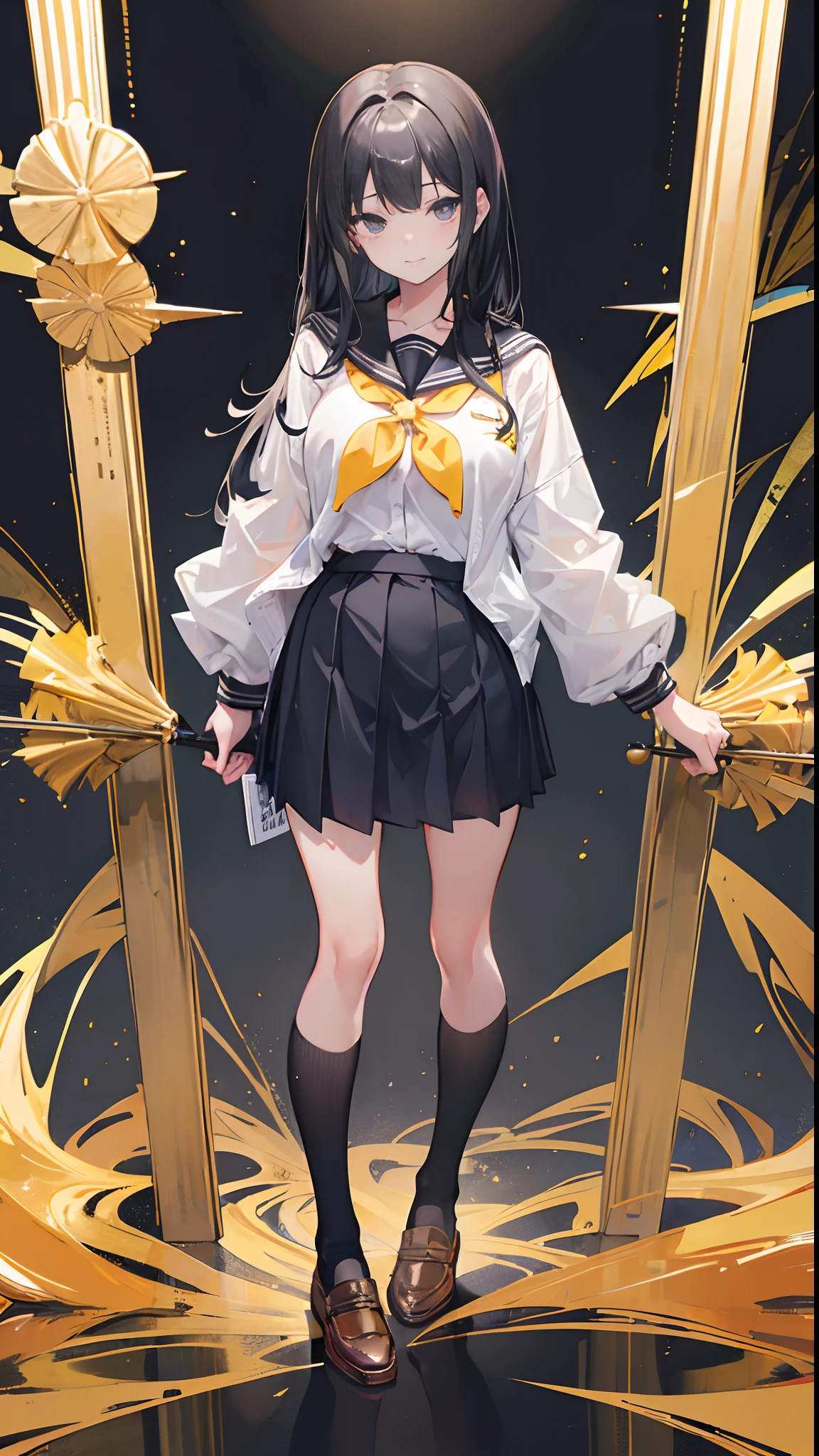 (((full bodyesbian))),((Solo)),(School uniform with gold rim on black background),JK,Girls' high school students，Black hair，Pineapple hairstyle，Black colored eyes，stand posture，ssmile，proud expression