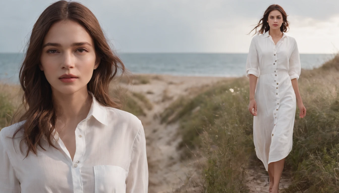 sea side,Girl taking a walk,（((White button up long shirt))）、Film Portrait Photography、One girl、bare shoulders​、bob cut  hair,Calm、full body Esbian、(Realistic detailed eyes、natural skin textures、Realistic face details)、Soft dramatic lighting、depth of fields、vibrant detail、detaile、A hyper-realistic,light and shadows,strong lights,thin lipss