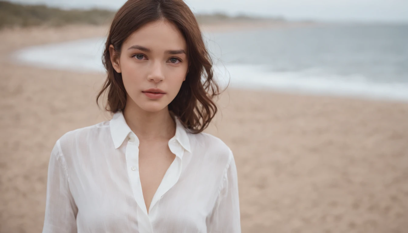 sea side,Girl taking a walk,(((White button up long shirt)))、Film Portrait Photography、One girl、bare shoulders、bob cut hair,Calm、full body Esbian、(Realistic detailed eyes、natural skin textures、Realistic face details)、Soft dramatic lighting、depth of fields、vibrant detail、detaile、A hyper-realistic,light and shadows,strong lights,thin lipss