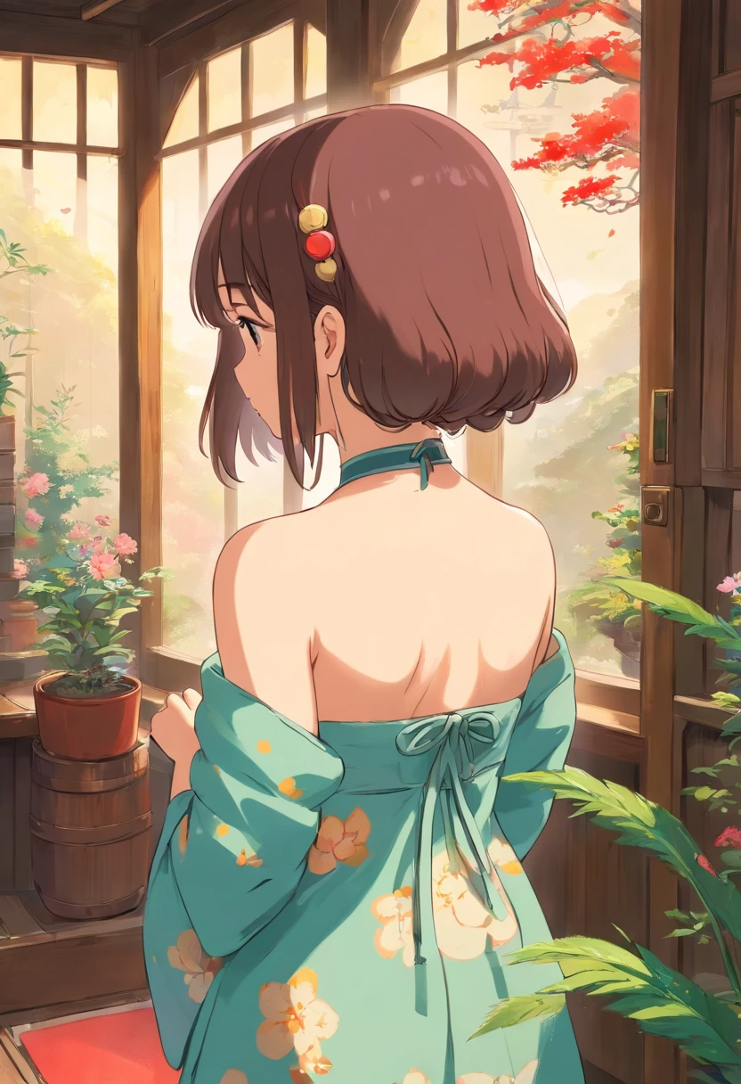 (master part, Qualidade Superior, best quality, Arte Oficial, Beautiful and Aesthetic:1.2),1girl, tatuagem, sozinho, Roupas japonesas, ornamento de cabelo, desembainhamento, cabelos pretos, bainha, tatuagem nas costas, olhos azuis, fora do ombro, bareshoulders, Looking back, from behind, flor, Olhando para o Viewer, propriedade, maquiagem,
Interior,
