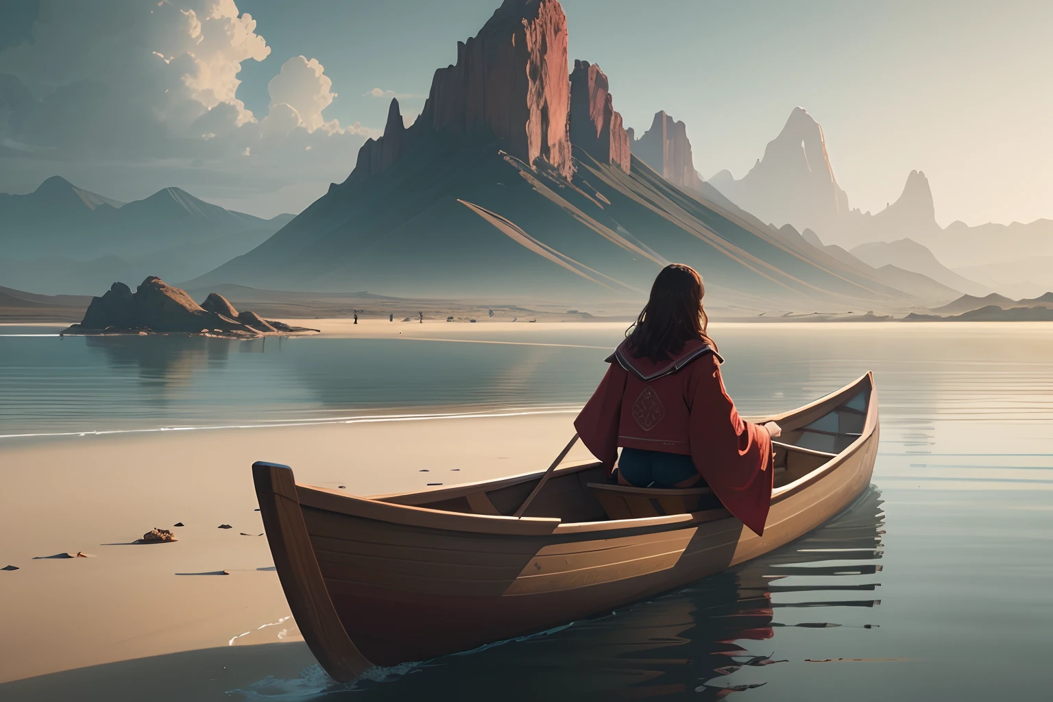 POV from a canoe, best quality female riding a canoe on sea, wearing a robe, environment design illustration, Desert island on the background 4k digital painting, stunning, concept art, intricate details, horizontal photography,