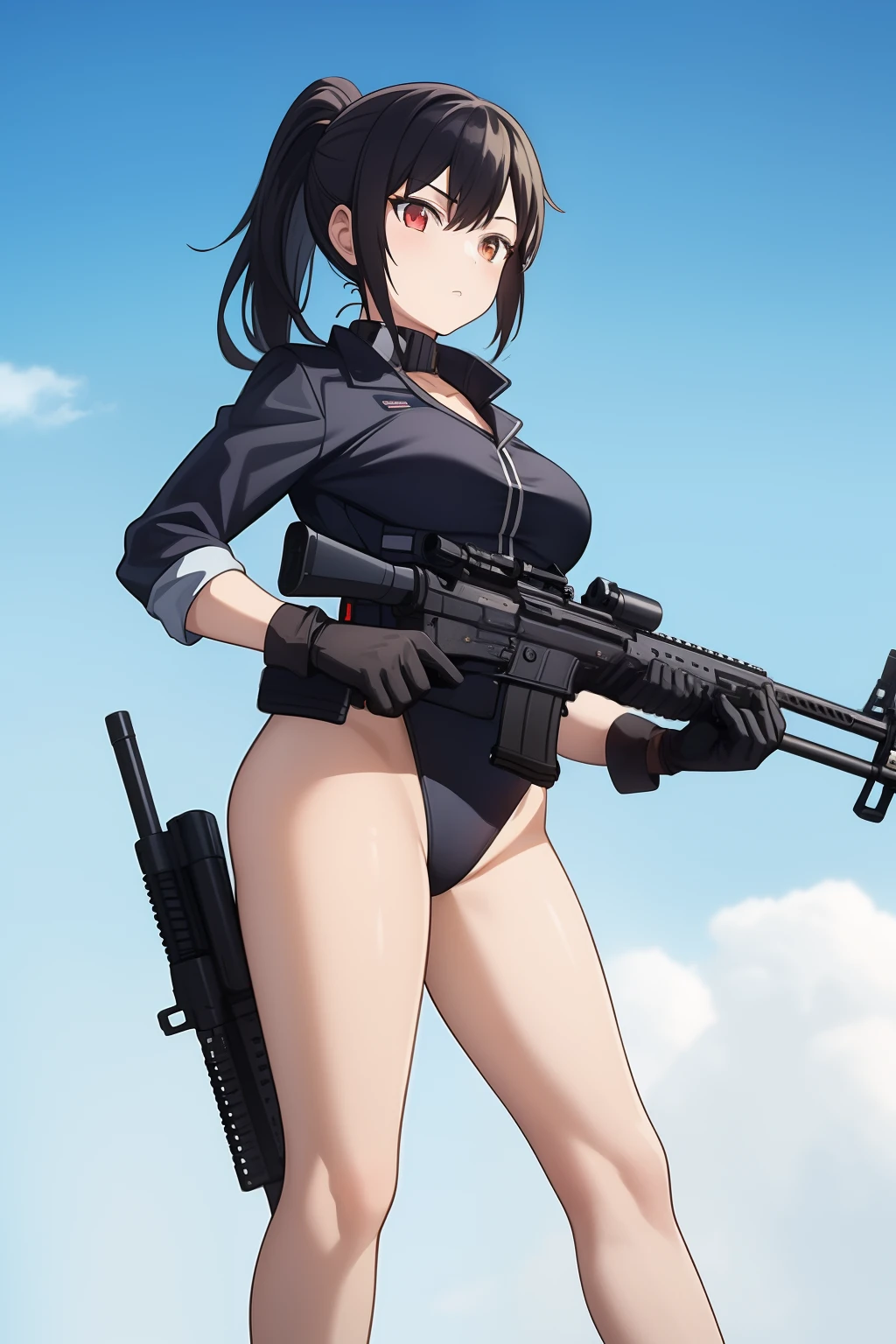 1girl, folded_ponytail, gloves, gun, military, leotard, bare legs, rifle, sky, solo, upper_body, weapon
looking at viewer, masterpiece, best quality,