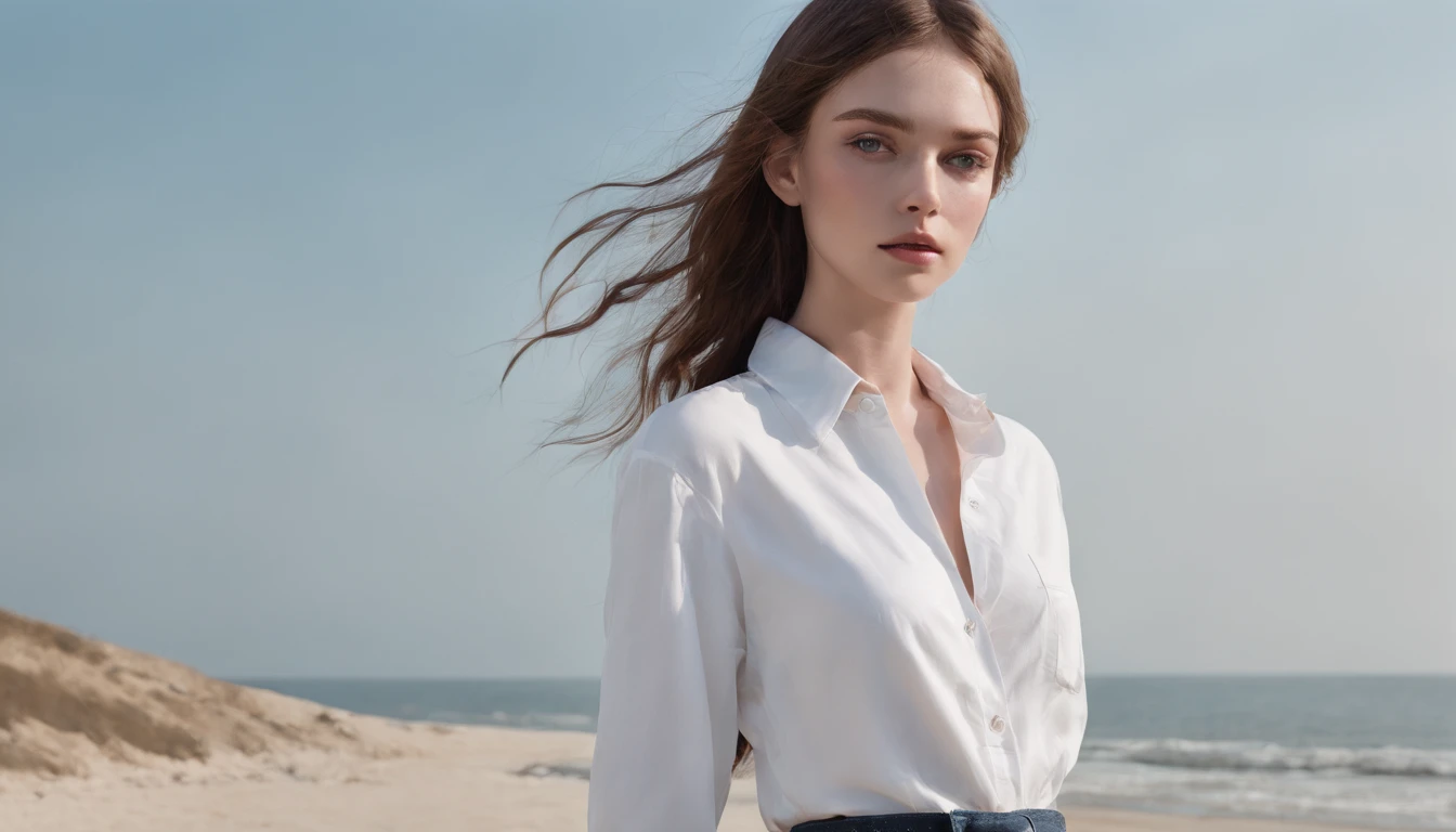 sea side,Girl taking a walk,(((White button up long shirt)))、Film Portrait Photography、One girl、bare shoulders、bob cut hair,Calm、full body Esbian、(Realistic detailed eyes、natural skin textures、Realistic face details)、Soft dramatic lighting、depth of fields、vibrant detail、detaile、A hyper-realistic,light and shadows,strong lights,thin lipss