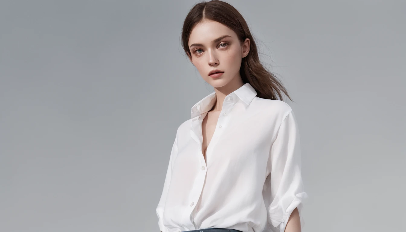 ((Best quality, 8k, Masterpiece :1.3)), Sharp focus :1.2, A pretty woman with perfect figure :1.4, Slender abs :1.2, ((Dark brown hair,breasts :1.2)), (white long formal shirt)(buttoning up his shirt.), grey background:1.2, Highly detailed face and skin texture, Detailed eyes, Double eyelid,fashion model posing,cowboy shot,white pants,,(wears a gray scarf around his neck.)