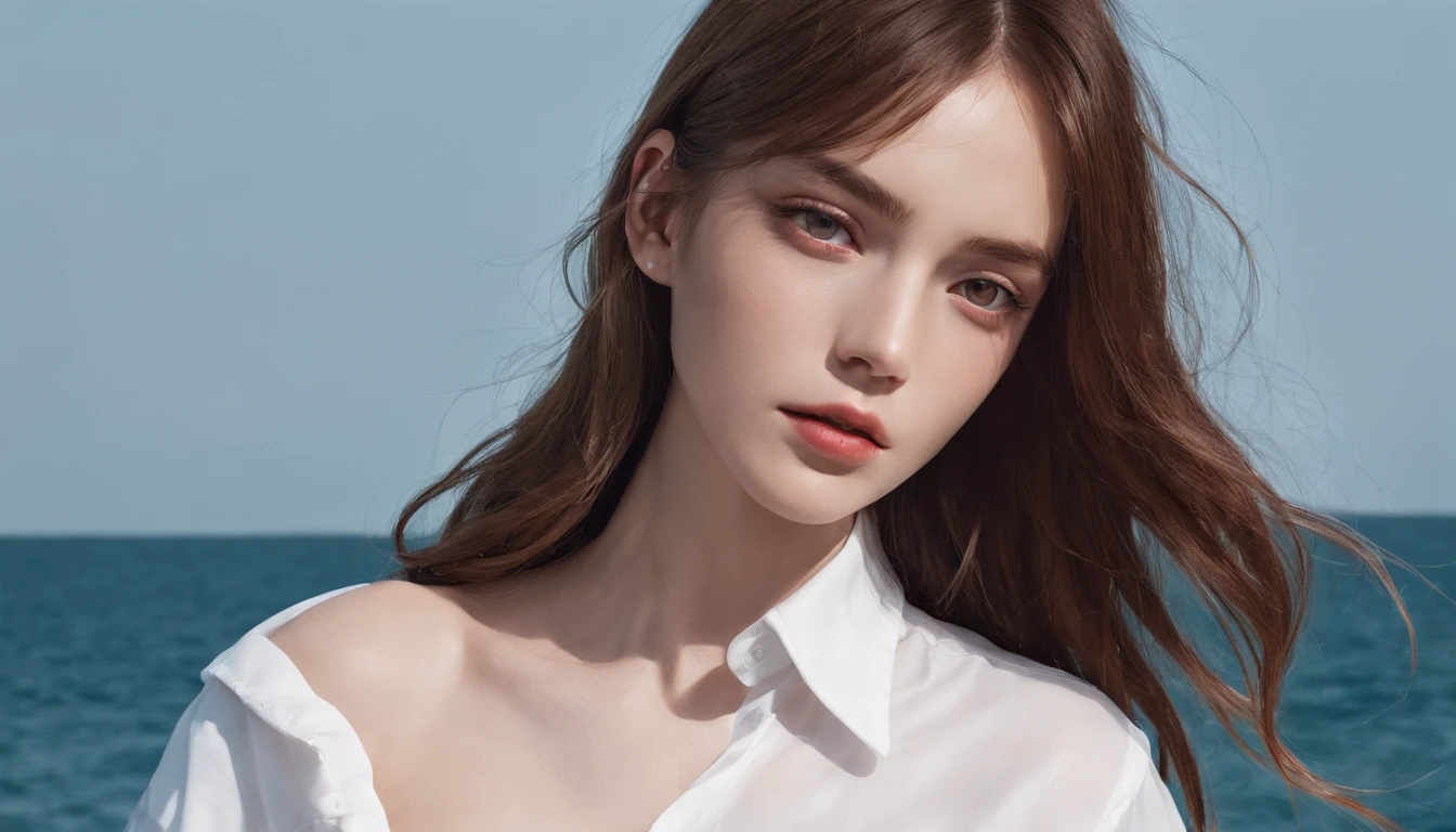 sea side,Girl taking a walk,（((White button up long shirt))）、Film Portrait Photography、One girl、bare shoulders​、bob cut  hair,Calm、full body Esbian、(Realistic detailed eyes、natural skin textures、Realistic face details)、Soft dramatic lighting、depth of fields、vibrant detail、detaile、A hyper-realistic,light and shadows,strong lights,thin lipss