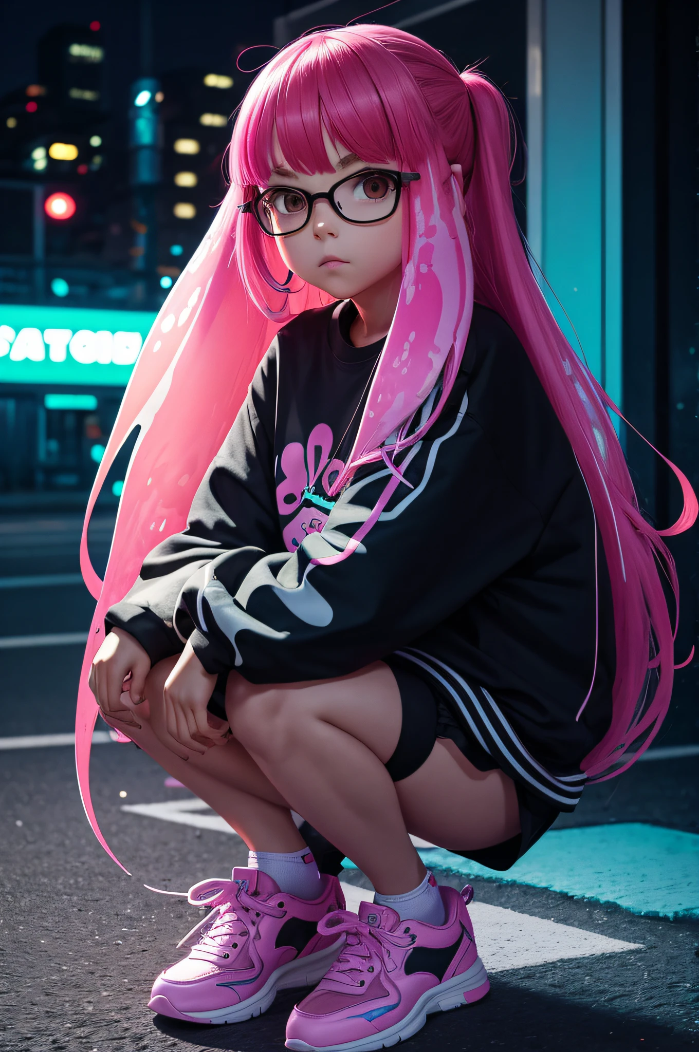 Wearing sneakers, 1girl in, with splatoon style, Facing the camera、Neon light, Squatting Pose, Long hair, wide bang hair,