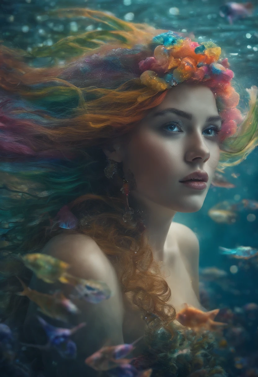 Rainbow mermaid,fantastical creature (mermaid:1.1),underwater scenery,Deep in the ocean,Beautiful detailed eyes,cute face,beautiful detailed lips,Sparkling scales,Flowing colorful hair,Fine fish tail,Magical underwater lighting,calm and serene atmosphere,Peaceful underwater kingdom,Fantastic environment,Floating seaweed and coral,Fascinating marine life,Vivid and bright colors,Natural sunlight filtered through water,Rainbow-colored jellyfish dance around,Playful and gentle sea creatures,Ethereal and captivating presence,Mysterious and mysterious aura.