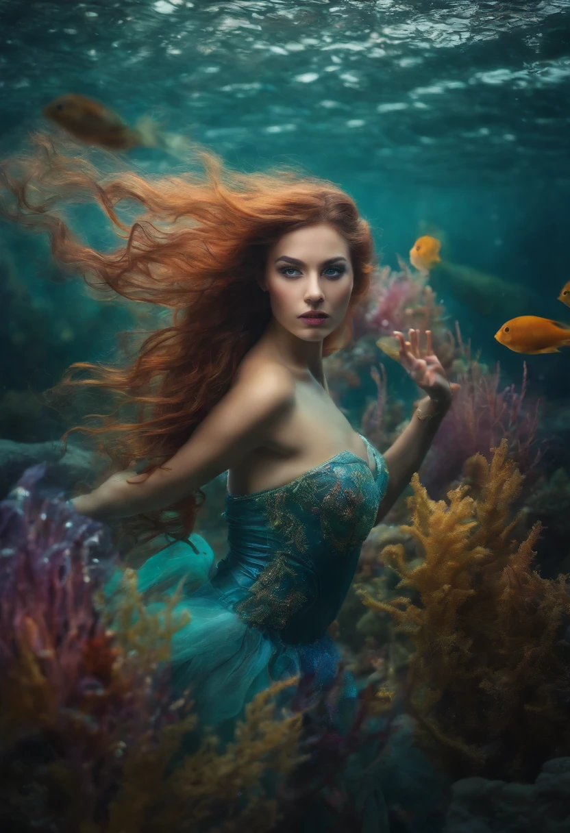 （The background is a Chinese dragon，drak，Dragon King），extremy detailed， 8K， hyper qualit， tmasterpiece， depth of fields， rendering by octane， Smooth lighting， realisticlying， Amazing， outstanding， extraordinary， glorious， （A lively underwater world， mermaids， dolphins， beautiful mermaid， Flowing hair， Sparkling tail）， colorful coral reef， （Playful dolphins， Elegant swimming）， gleeful， and harmonious， Iconic Little Mermaid wallpaper， big breasts enchanting， Whimsical vibe， Magical environment， The field of imagination， Sparkling waves