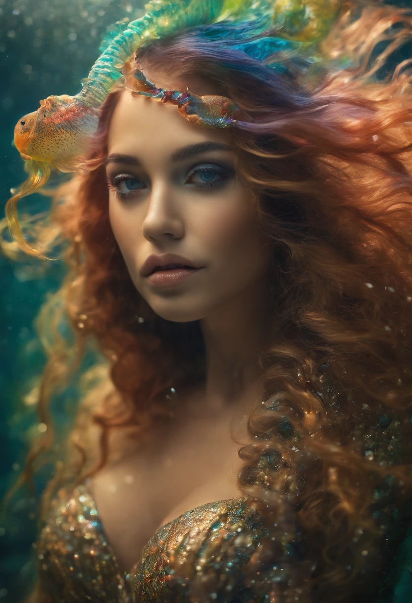 Rainbow mermaid,fantastical creature (mermaid:1.1),underwater scenery,Deep in the ocean,Beautiful detailed eyes,cute face,beautiful detailed lips,Sparkling scales,Flowing colorful hair,Fine fish tail,Magical underwater lighting,calm and serene atmosphere,Peaceful underwater kingdom,Fantastic environment,Floating seaweed and coral,Fascinating marine life,Vivid and bright colors,Natural sunlight filtered through water,Rainbow-colored jellyfish dance around,Playful and gentle sea creatures,Ethereal and captivating presence,Mysterious and mysterious aura.