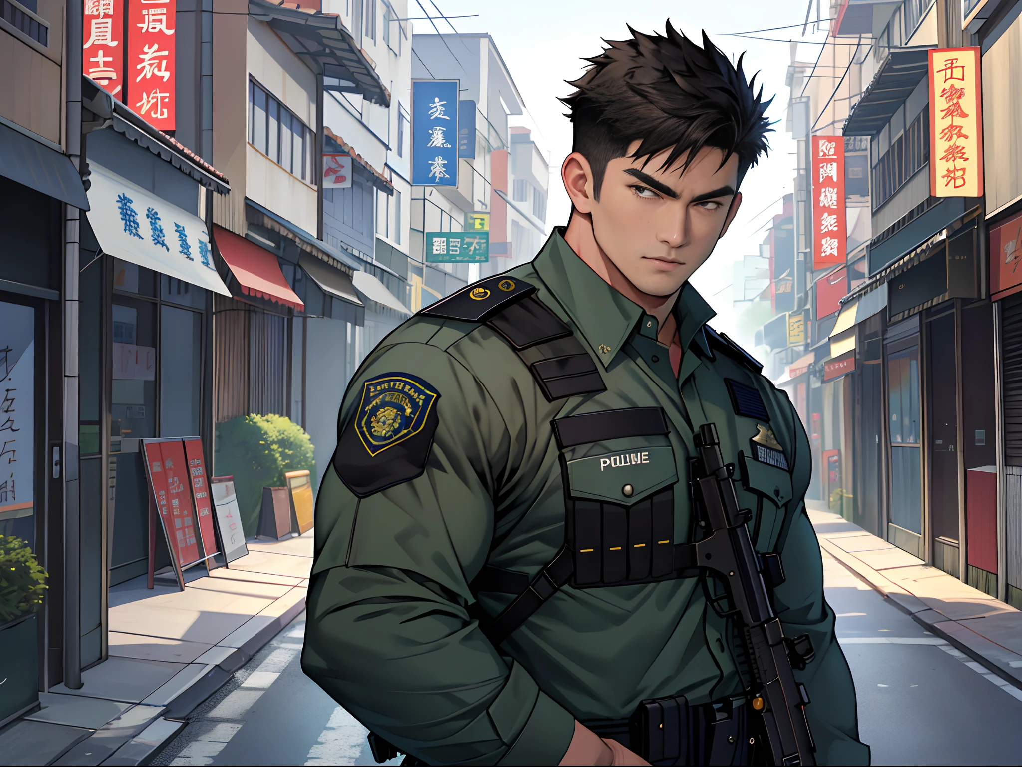 best qualtiy， tmasterpiece， 超高分辨率， detailedbackground， photorealestic， illustratio， Single， 1   boy， Muscle men， armed policeman， the street， musculature， Handsome and mature face shape， Volumetriclighting， depth of fields， Camouflage police uniform