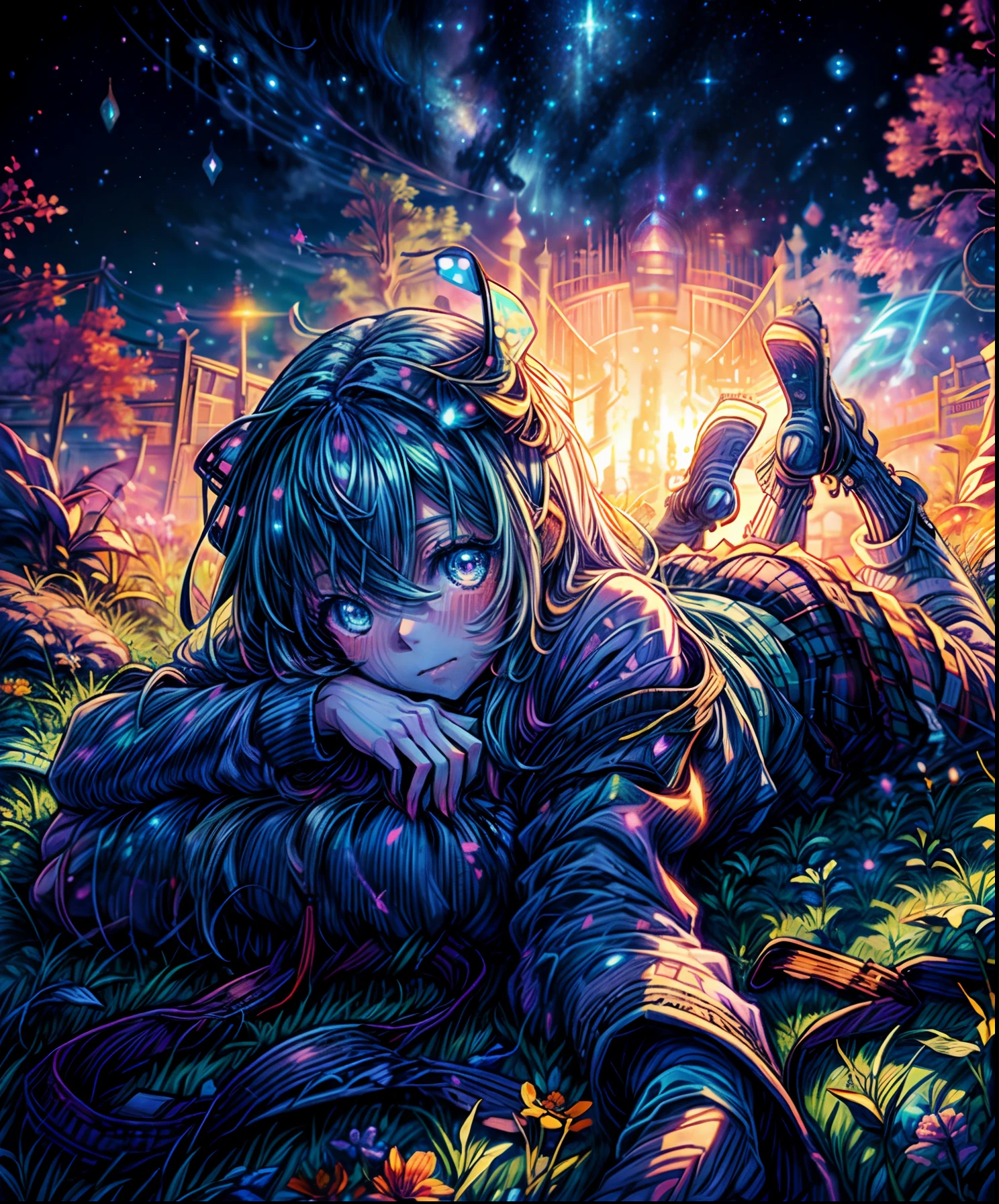 Describe a scene where a cute girl character is lying on a grassy hill, Looking up at the starry sky. Surround her with colorful nebulae and her favorite constellations.