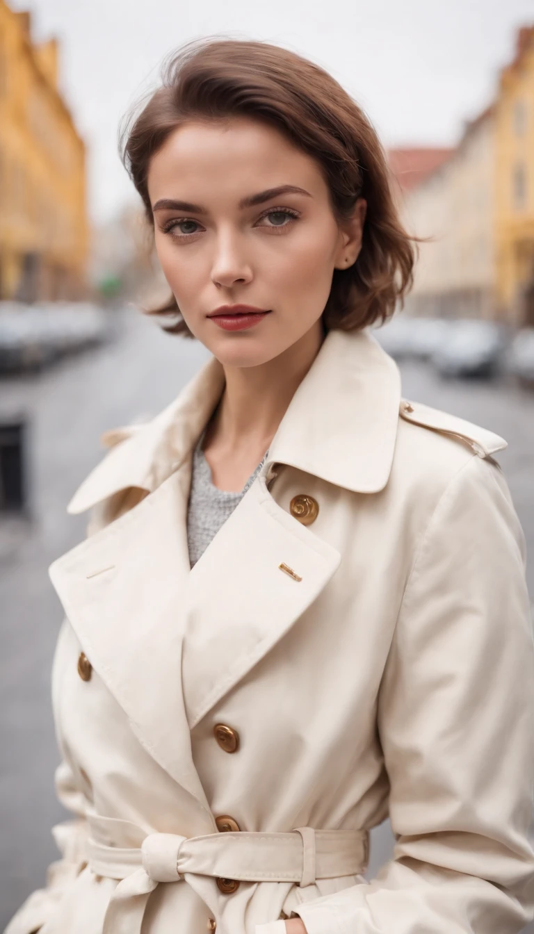 short-haired woman dressed in retro white trench coat, 80s style photo, standing on a street, bokeh style, sunny day, yellow building in the background, style of ultrafine detail, high quality photo