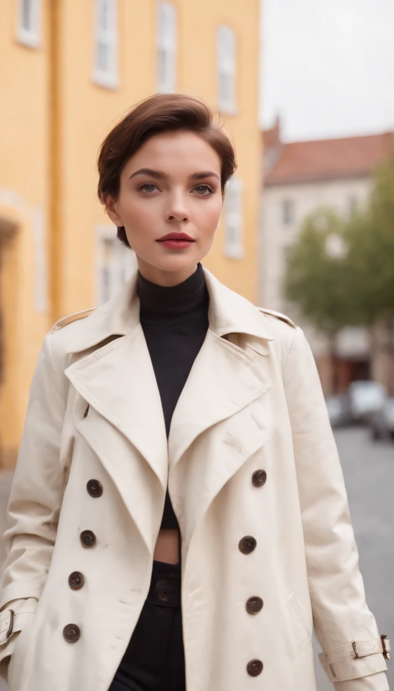 short-haired woman dressed in retro white trench coat, 80s style photo, standing on a street, bokeh style, sunny day, yellow building in the background, style of ultrafine detail, high quality photo