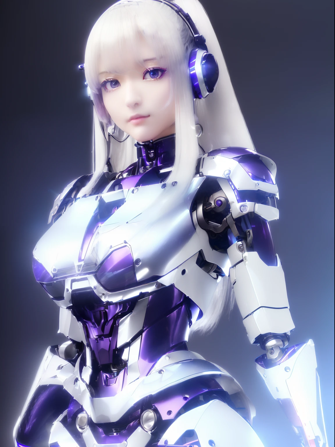 ((masutepiece)), ((top-quality), high quarity、ultra-definition, Realistic,  fulcolor 、One beautiful robot woman、Joints of machines、Frame of the machine、Thick wire joints、White porcelain mechanical armor、(Curvaceous face)、deadpan、Purple straight hair、Wide Shot、((Electronic substrate))、Dynamic poses