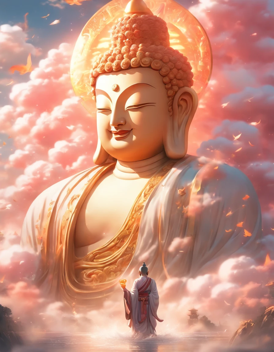 ((Masterpiece))，(Best quality))，China-style，In the sky, The clouds form a huge transparent glowing white jade Maitreya Buddha statue，Thick clouds，The sun shines，Pilgrims on the road，Hyper-realistic，Ultra photo realsisim，Pink，8K，High definition，high qulity，Works of masters，super-fine，（（（OC renderer）））