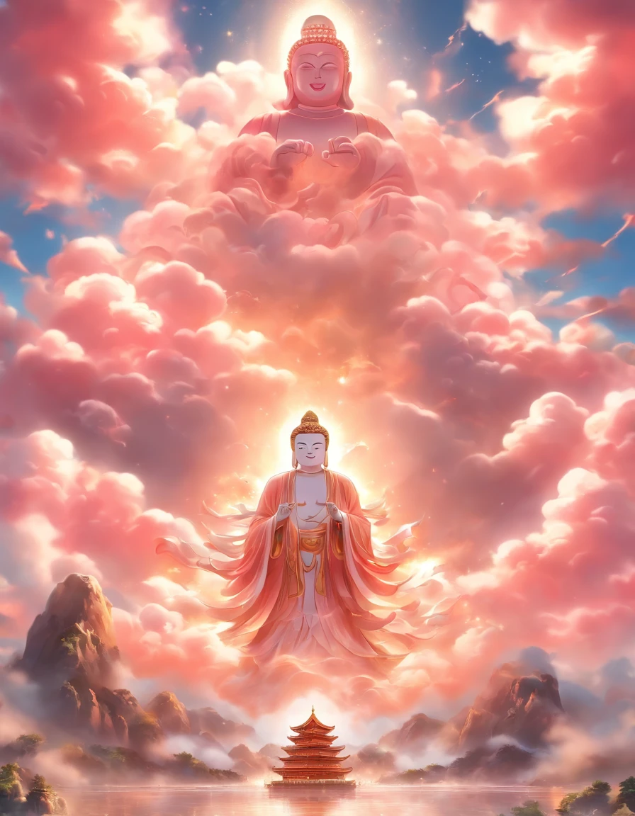 ((Masterpiece)),(Best quality)),China-style,In the sky, The clouds form a huge transparent glowing white jade Maitreya Buddha statue,Thick clouds,The sun shines,Pilgrims on the road,Hyper-realistic,Ultra photo realsisim,Pink,8K,High definition,high qulity,Works of masters,super-fine,(((OC renderer)))