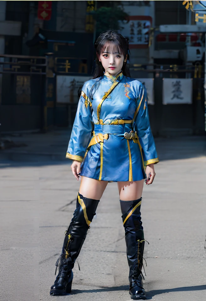 Schoolgirl in kung fu cheongsam dress、、kneehigh boots、fighting poses、blue and yellow、Good Style、thick leg、bulging chest