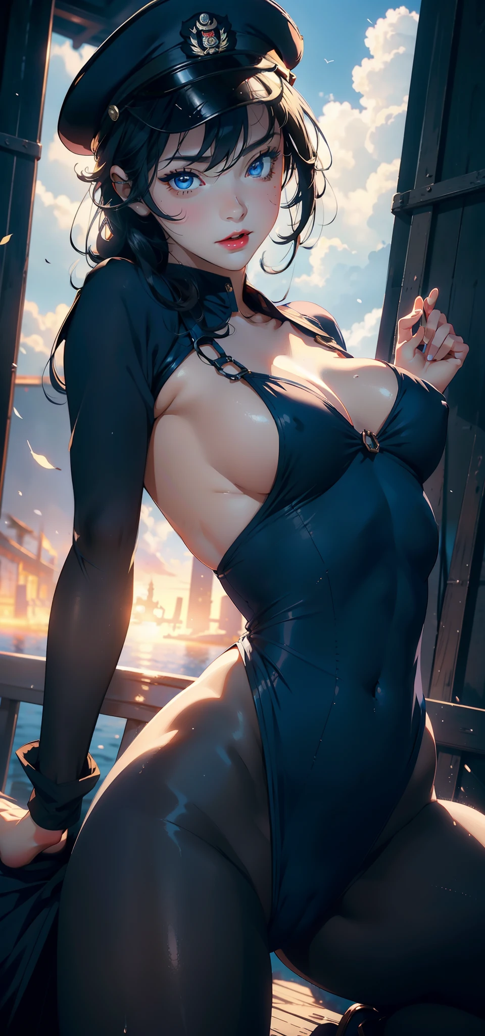1female,23years old, 独奏,(Background with:the sea,battleships,warships,summertime,the rainforest) She has very short black hair,bobo head,Stand on a warship,,seen from the front, hair straight, mostly cloudy sky,(((tmasterpiece),(Very detailed CG unity 8K wallpaper),best qualtiy,cinmatic lighting,detailed back ground,beatiful detailed eyes,Bright pupils,Blue eyes,(Very fine and beautiful),(Beautiful and detailed eye description),ultra - detailed,tmasterpiece,)),facing at camera,A high resolution,ultra - detailed),Snow-white skin,Redlip,revealing breasts,Bare genitalia, Bulge,legs are open,Raised sexy,Camel toes,Flushed complexion,Desire for dissatisfaction,frontage,Soviet Navy,Sailor's cap(Wearing:Dark blue sailor uniform,Black pantyhose,Bare breasts)