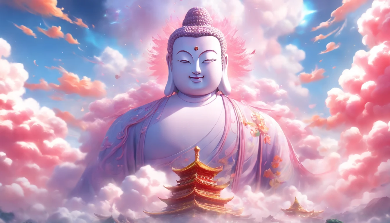 ((Masterpiece))，(Best quality))，China-style，In the sky, The clouds form a huge transparent glowing white jade Maitreya Buddha statue，Thick clouds，The sun shines，Pilgrims on the road，Hyper-realistic，Ultra photo realsisim，Pink，8K，High definition，high qulity，Works of masters，super-fine，（（（OC renderer）））