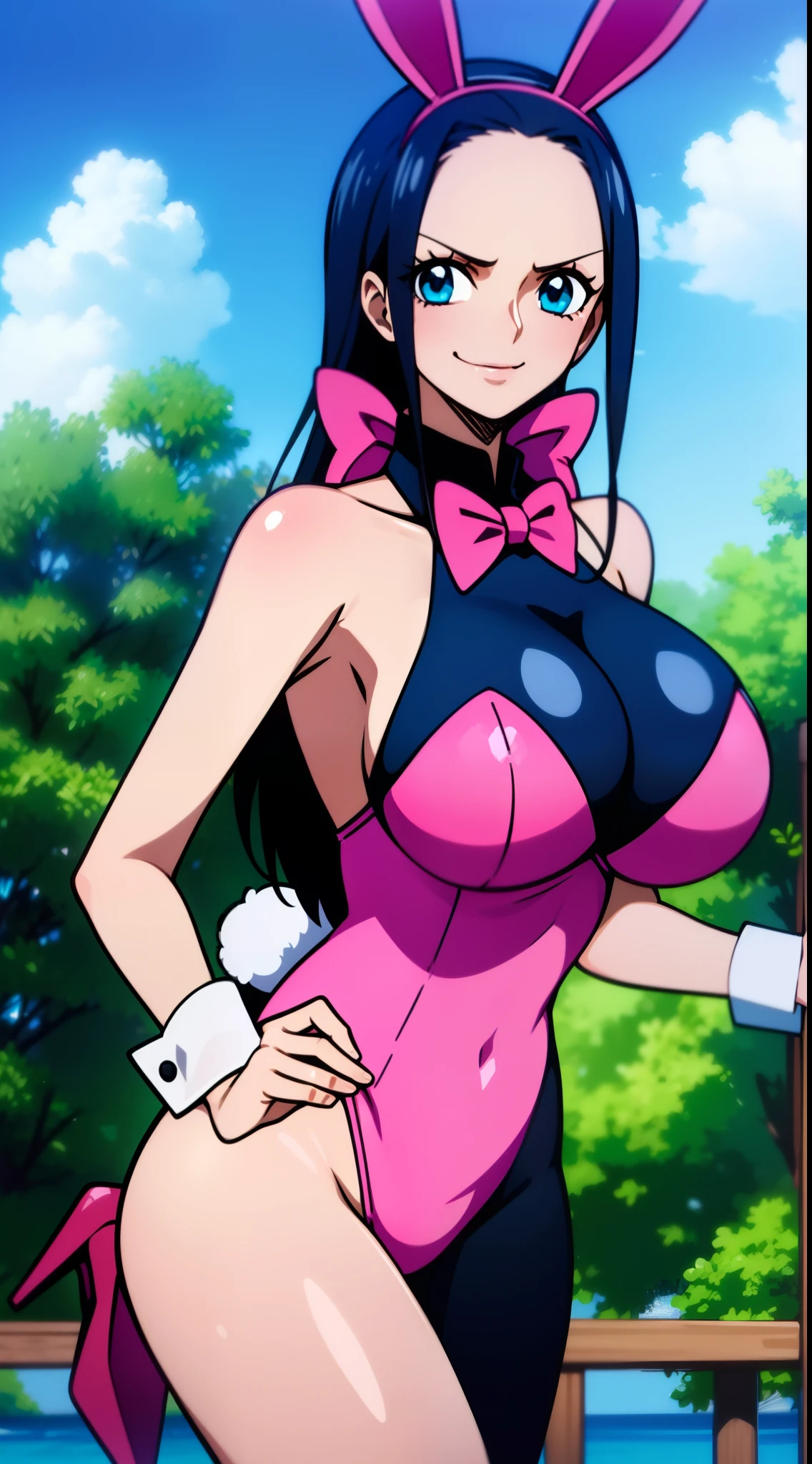 Nico Robin One Piece, 8k, Perfect quality eyes blue eyes Nico Robin, 1girl, aqua eyes, Black hair, huge breasts smile bunny girl bunnysuit translucent bunnysuit, see-through, (((pink playboy bunny))), pink pantyhose, pink leotard, rabbit ears, red bowtie, pink footwear, wrist cuffs, blue eyes, hair intakes, large breasts,
