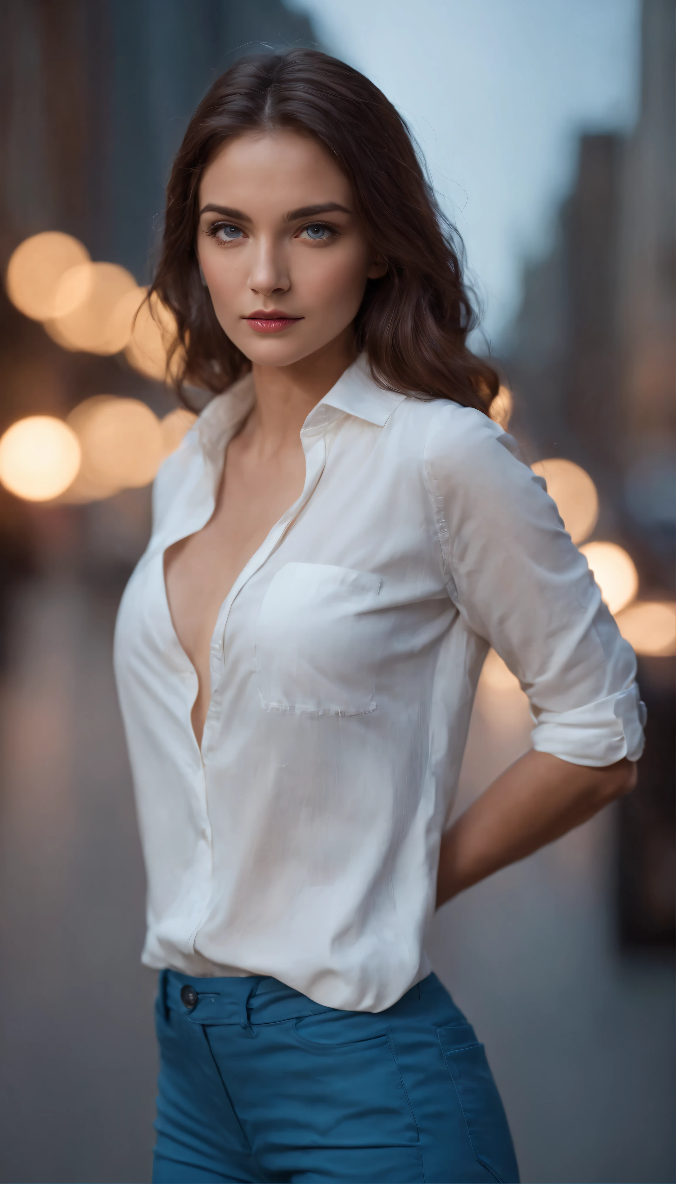 A striking portrait of a girl in a white shirt and blue pants. Her eyes are filled with curiosity, reflecting her inquisitive nature. Place her in a bustling urban environment, with city lights illuminating the night. The contrast between her innocence and the urban chaos is captivating. Photo taken by Annie Leibovitz with a Canon EOS 5D Mark IV and a 50mm f/1.8 lens. Utilize neon city lights for a dramatic cinematic effect. 8K, Ultra-HD, Super-Resolution