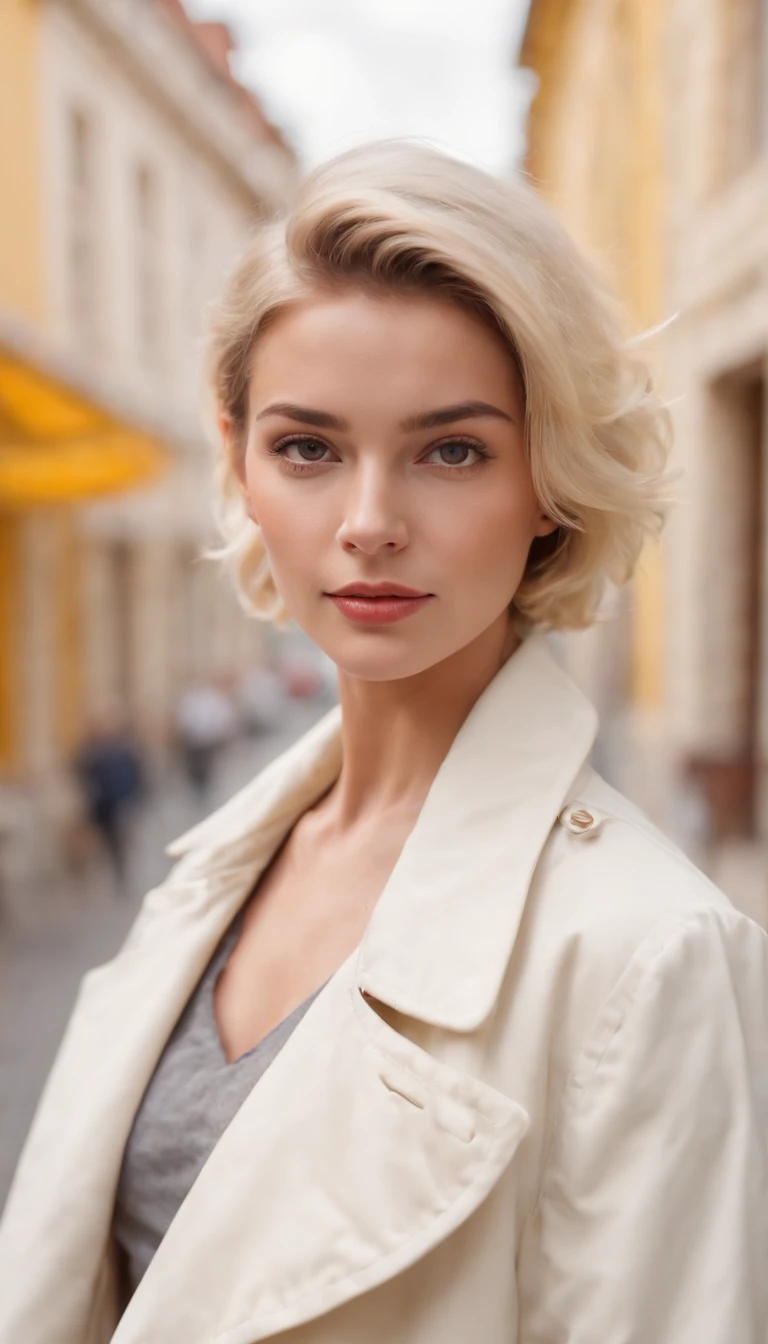 short-haired woman dressed in retro white trench coat, 80s style photo, standing on a street, bokeh style, sunny day, yellow building in the background, style of ultrafine detail, high quality photo,medium shot