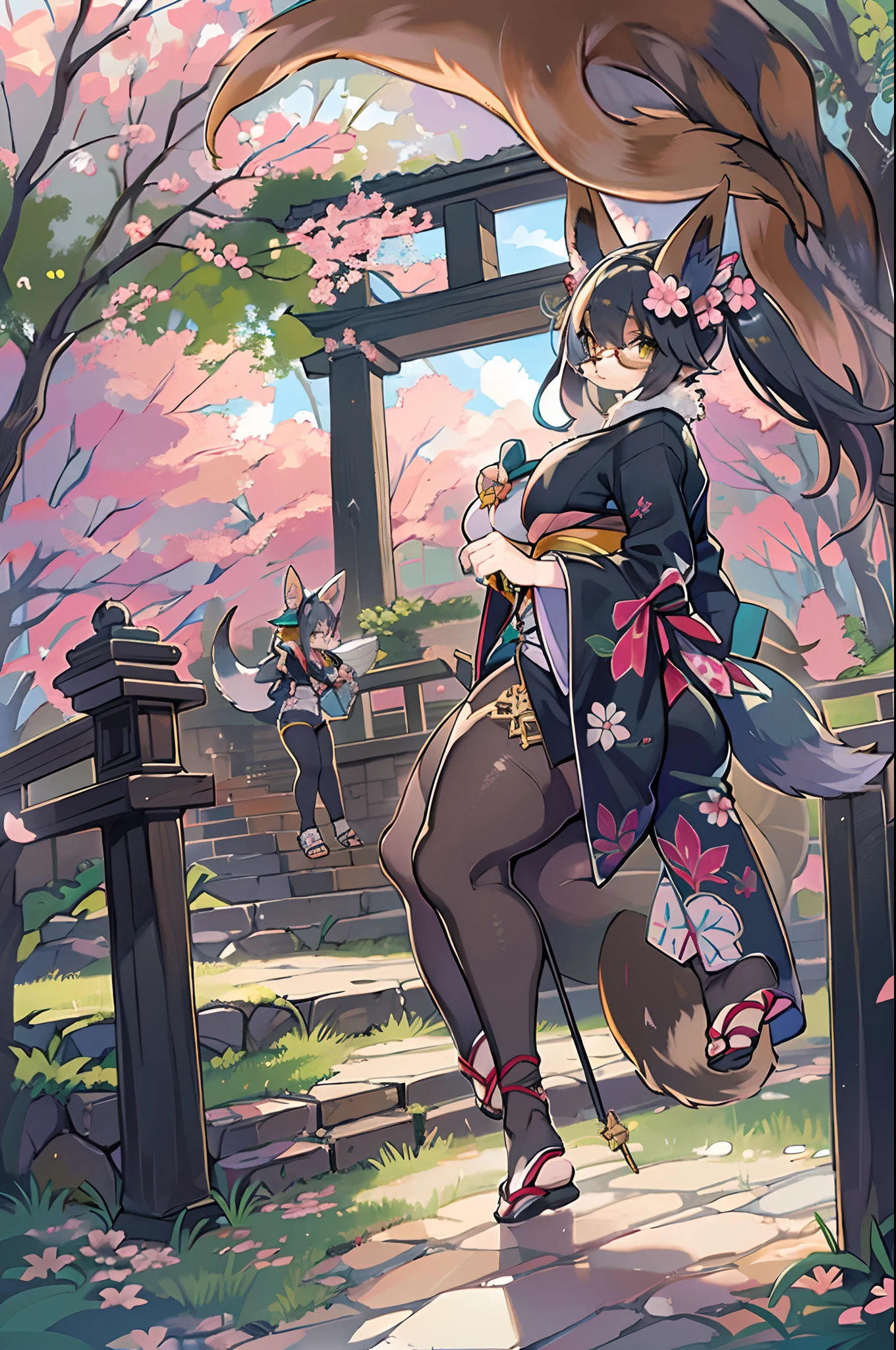 ((masutepiece,Best Quality)),2girls, Black kimono, Black legwear, a black ribbon, Black hair, cherryblossom, day, flower, Hair bun, Hair Ribbon, Komono, Kimono, Long hair, Looking at Viewer, Looking back , Multiple girls, Outdoors, bow ribbon, Sandals, single bun, stairs, Statue, torii gate, tree, Yellow eyes、body covered with fur、huge-breasted、thighs thighs thighs thighs,、bbw、big butts、Ultramammy、(((Fox Woman)))、body covered with fur、kawaii、lesbian、Deep kissing、big round glasses、
