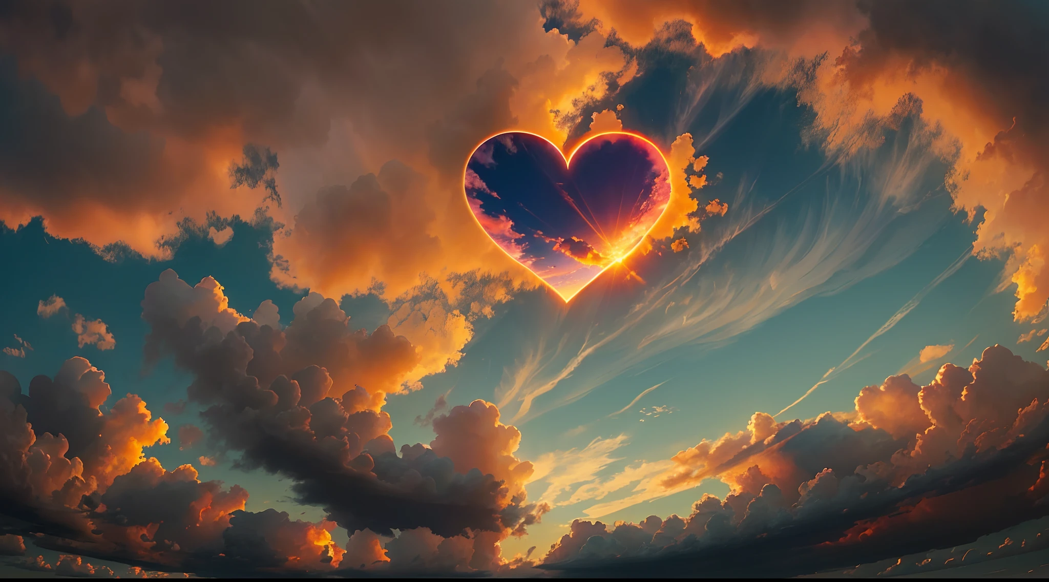 The color of the sunset heart-shaped clouds, High detail, Chiaroscuro, first person perspective, From below, Wide shot, in a panoramic view, hyper HD, Masterpiece, ccurate, High details, High quality, Best quality, 8K