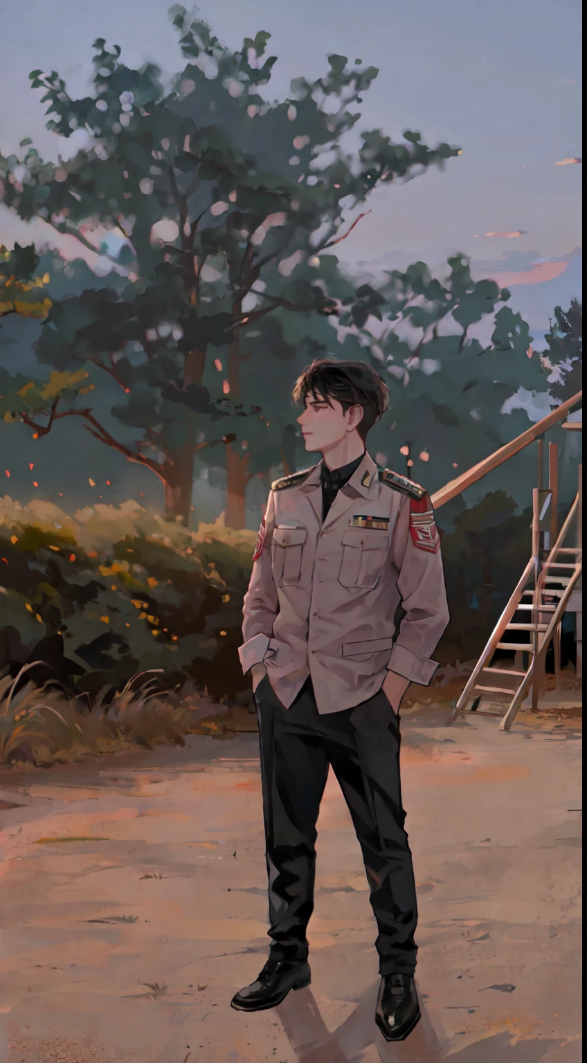 arafed man in uniform standing in front of a playground, mohamed chahin style, in front of a forest background, profile picture 1024px, mid shot portrait, by Abidin Dino, taken at golden hour, shot at golden hour, smooth in _ the background, highly aesthetic, casual photography, with sunset, style of ade santora