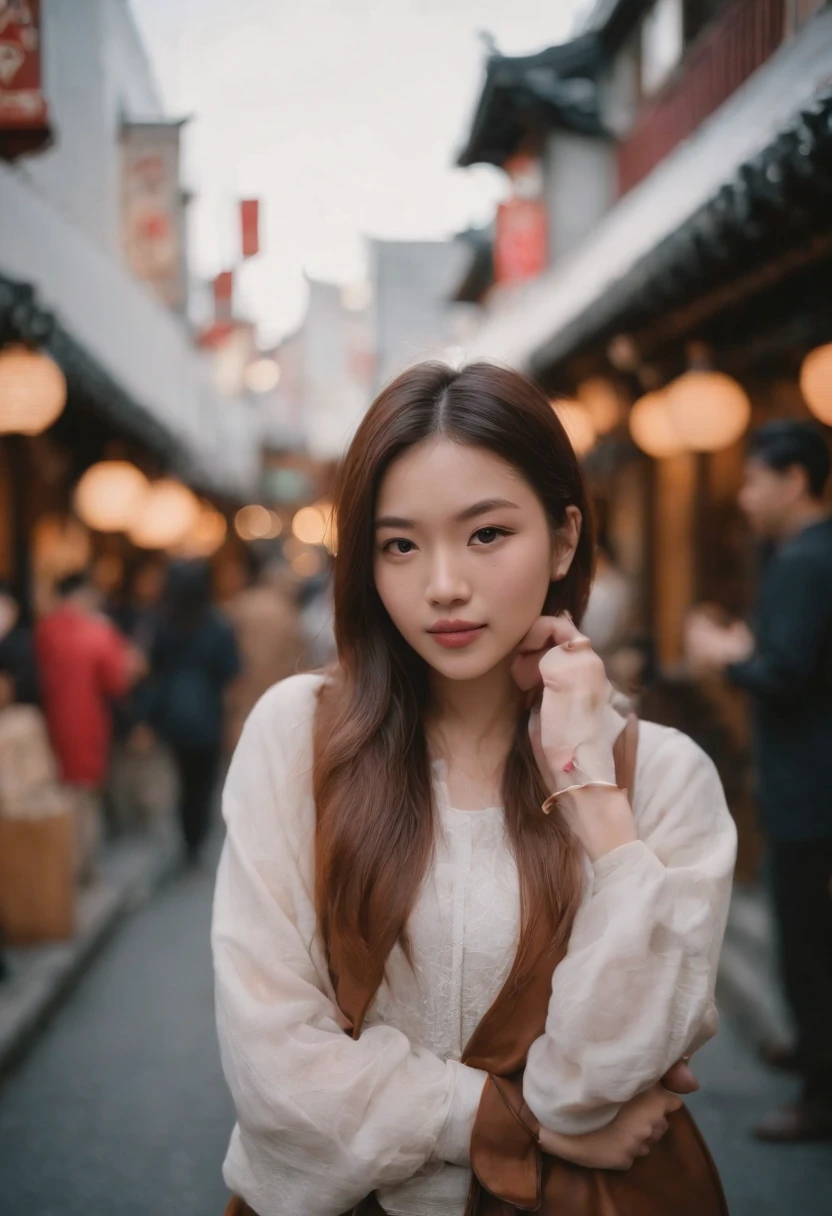 travellers, in the style of rap aesthetics, girl，Tokyo, Japan，make for a memorable photo.      The background is to the of traditional Japanese streets and vibrant nightlife，photo taken with fujifilm superia, charly amani, oversized portraits, babycore, upper body