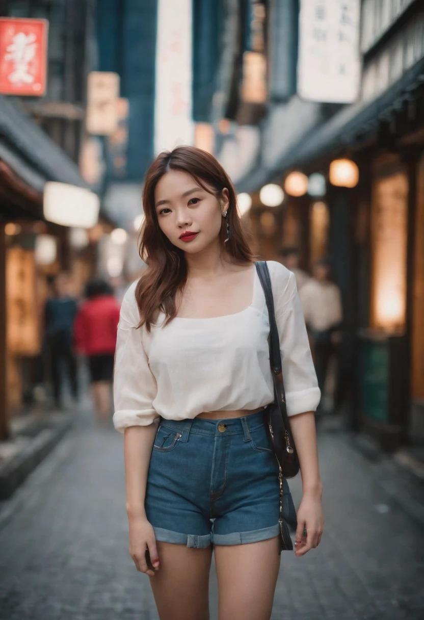 travellers, in the style of rap aesthetics, girl,Tokyo, Japan,make for a memorable photo. The background is to the of traditional Japanese streets and vibrant nightlife,photo taken with fujifilm superia, charly amani, oversized portraits, babycore, upper body