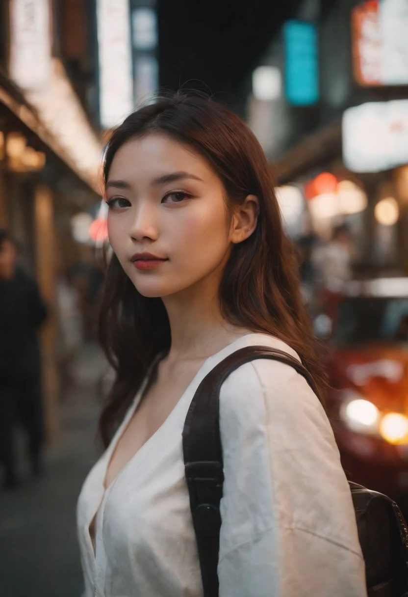 travellers, in the style of rap aesthetics, girl,Tokyo, Japan,make for a memorable photo. The background is to the of traditional Japanese streets and vibrant nightlife,photo taken with fujifilm superia, charly amani, oversized portraits, babycore, upper body