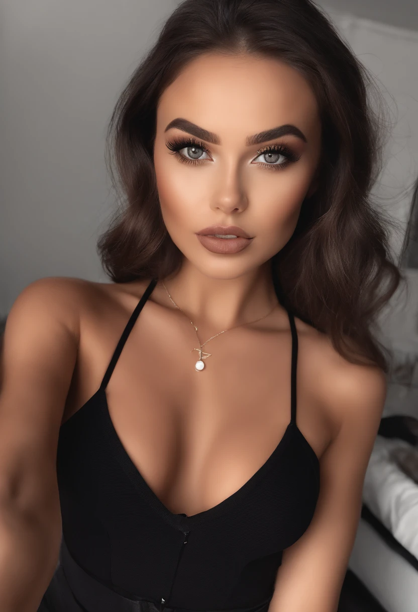 femme mince portant une tenue noire, fille sexy aux yeux bruns, Portrait Sophie Mudd, cheveux bruns et grands yeux, selfie of a young woman, Yeux de chambre, Violet Myers, pas de maquillage, maquillage naturel, Regarder directement le spectateur, body straight forward , Head straight, Visage avec Artgram, Maquillage subtil, Superbe photo du corps entier, dans la chambre, clivage