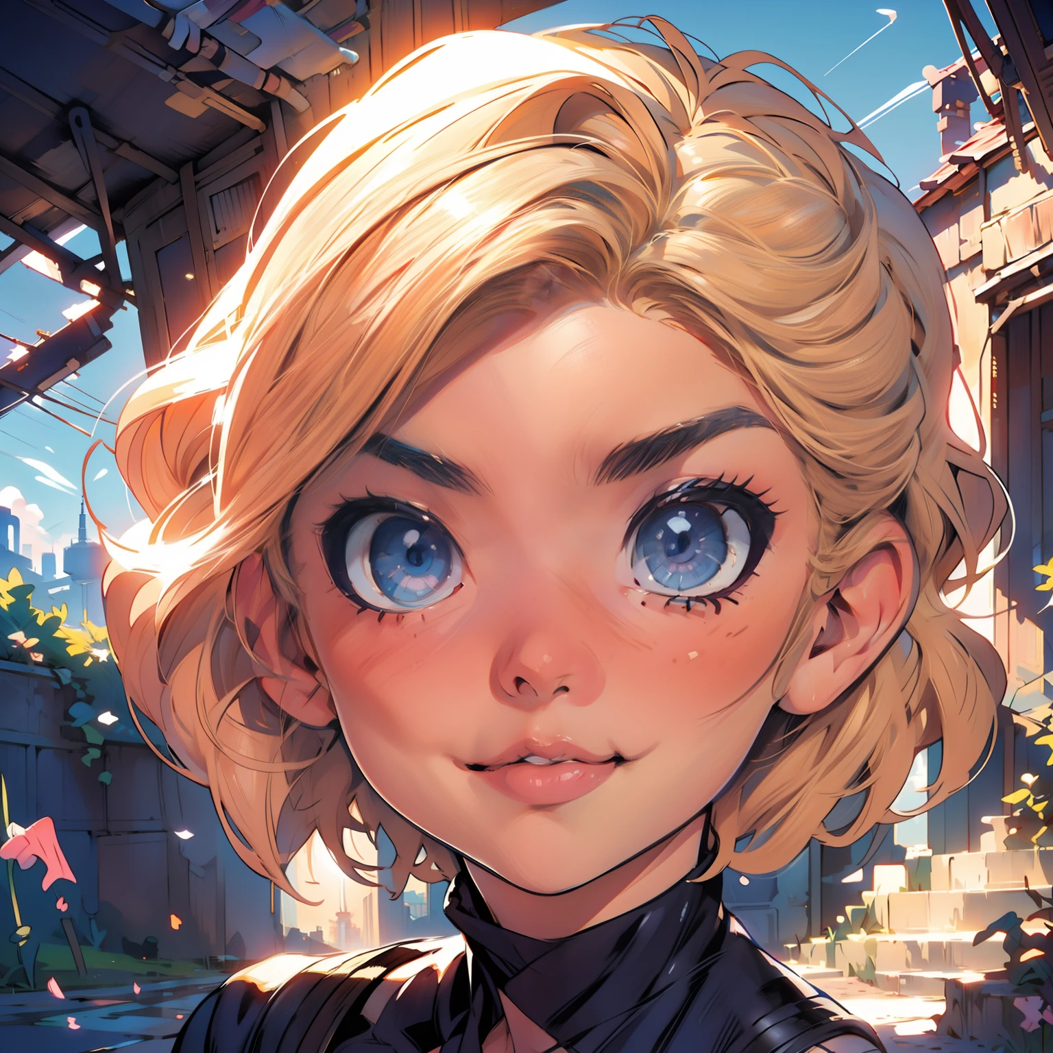 masterpiece, close up, digital paint, (Cute girl, 20 years old, blond short hair, ((eyes manga style))), at the top of eiffel tower in paris by Jim Lee. 1990s \(style\),